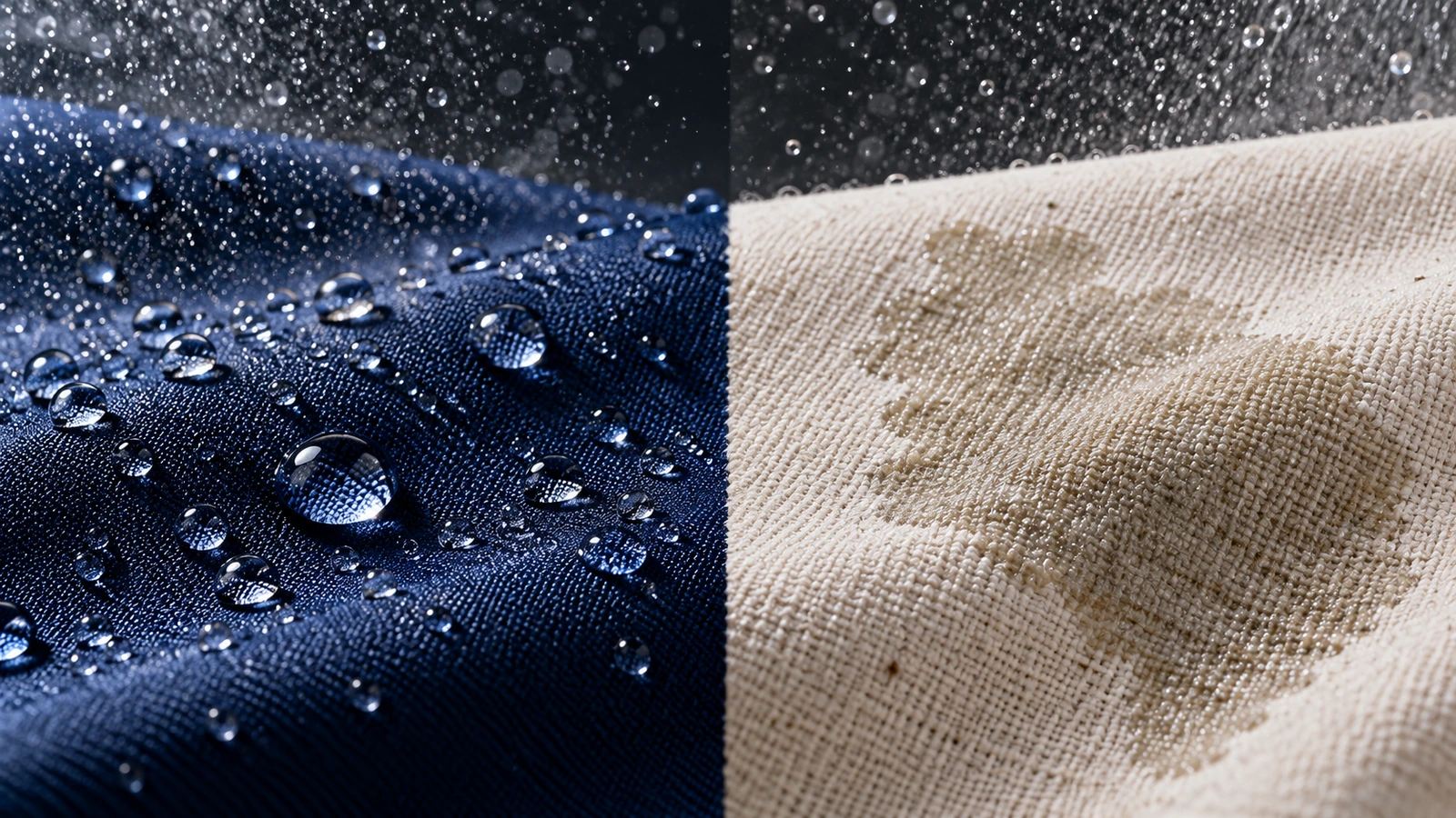 Giọt nước đọng trên bề mặt vải tổng hợp trơn, bên cạnh nước thấm vào canvas cotton dệt