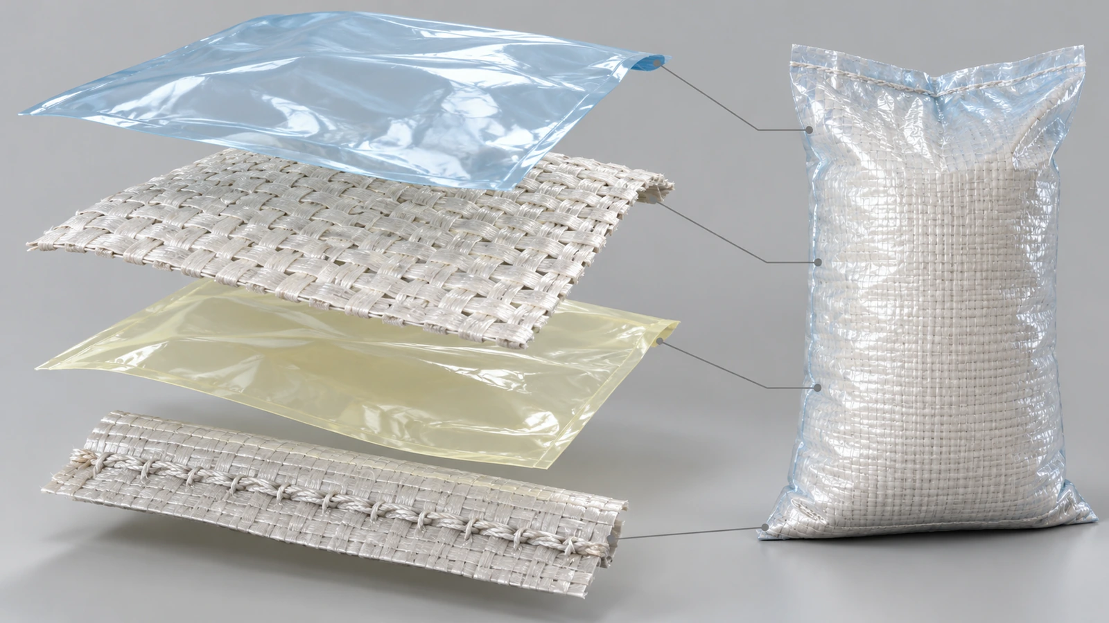 Hình vẽ tách rời của một bao thức ăn chăn nuôi bằng polypropylene dệt, thể hiện vải băng dệt, màng ghép BOPP, lớp lót trong tùy chọn và đường may đáy là các lớp màu riêng biệt