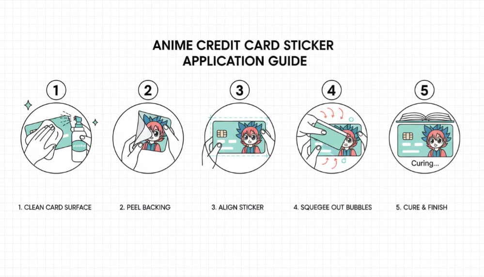 Professional technique for bubble-free anime card skin installation Visual workflow showing five stages of anime credit card sticker application