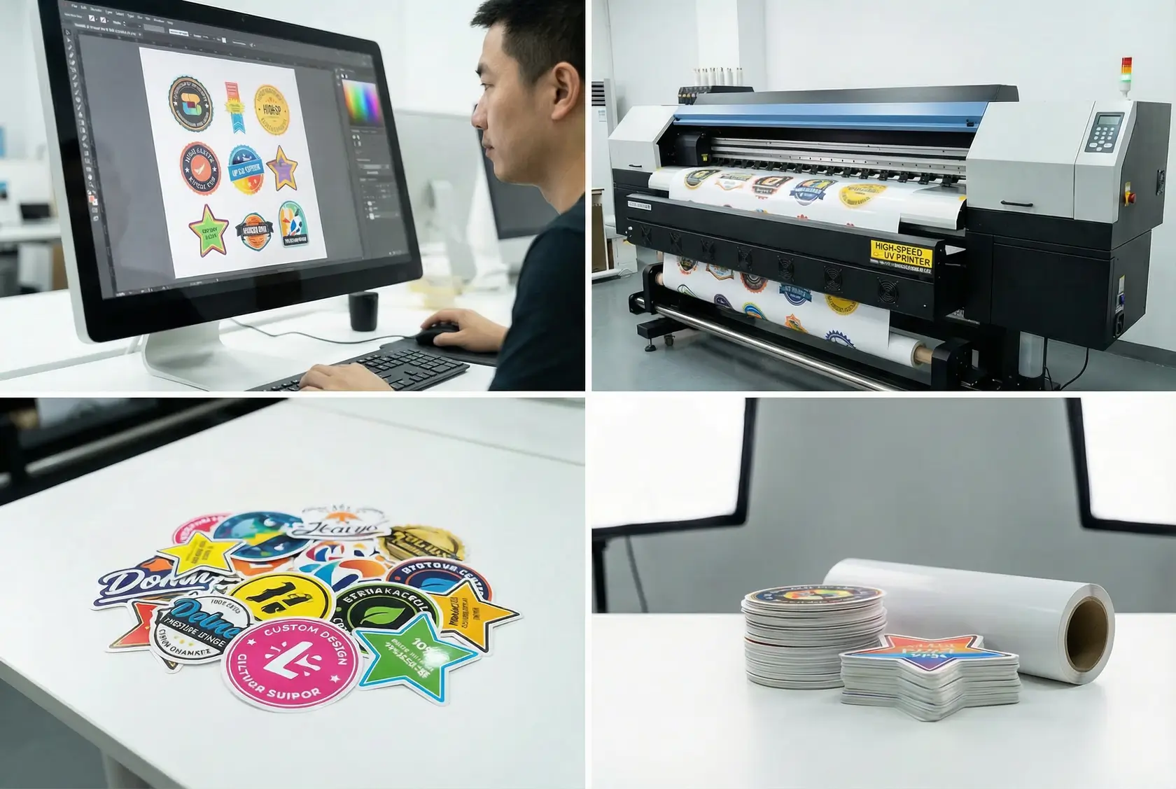 Quy trình in tem dán tùy chỉnh cho thấy sự chuyển đổi từ thiết kế kỹ thuật số sang tem dán vinyl hoàn thiện