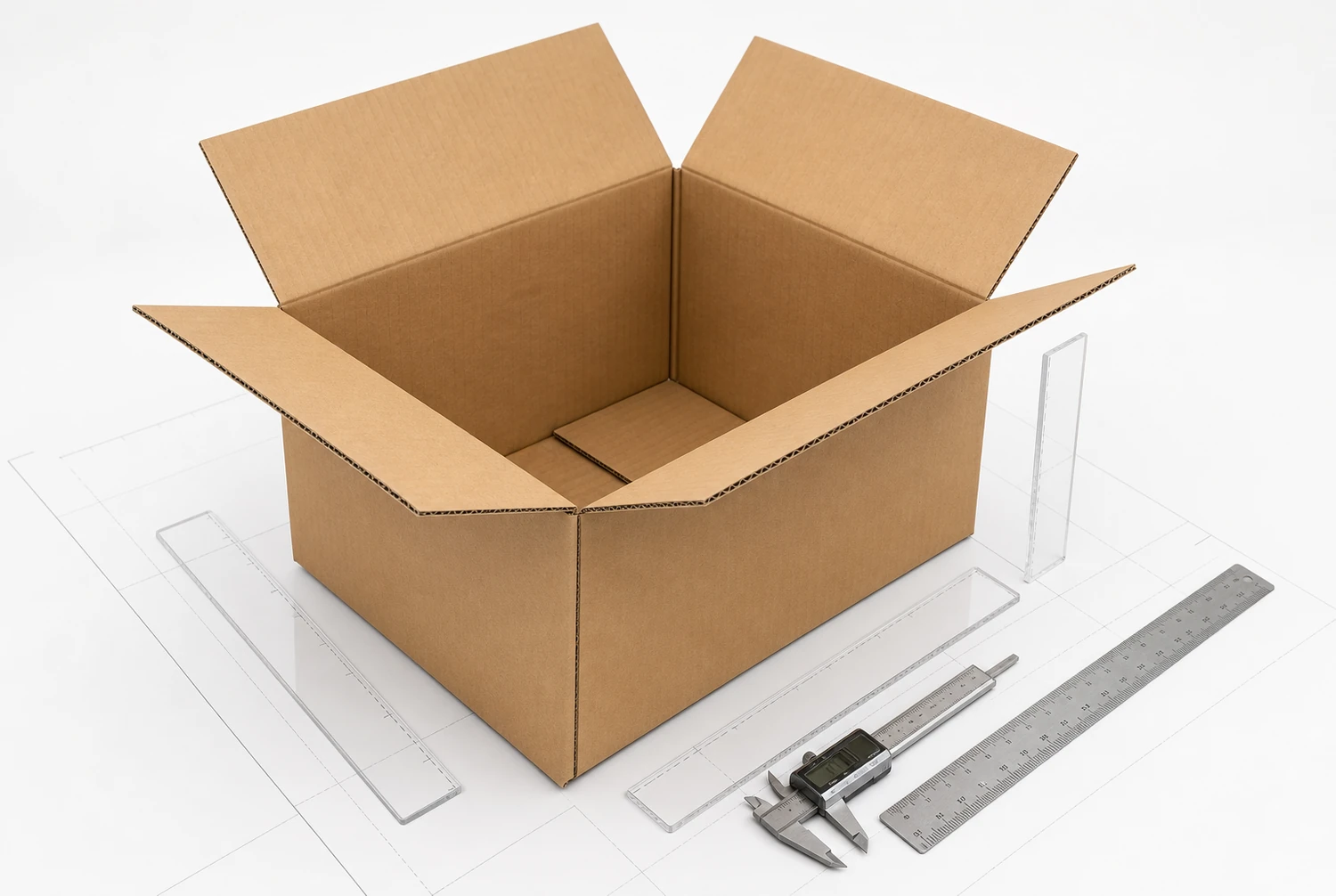 Thùng carton sóng mở trên bản vẽ phẳng, cạnh thước cặp điện tử và thước kim loại
