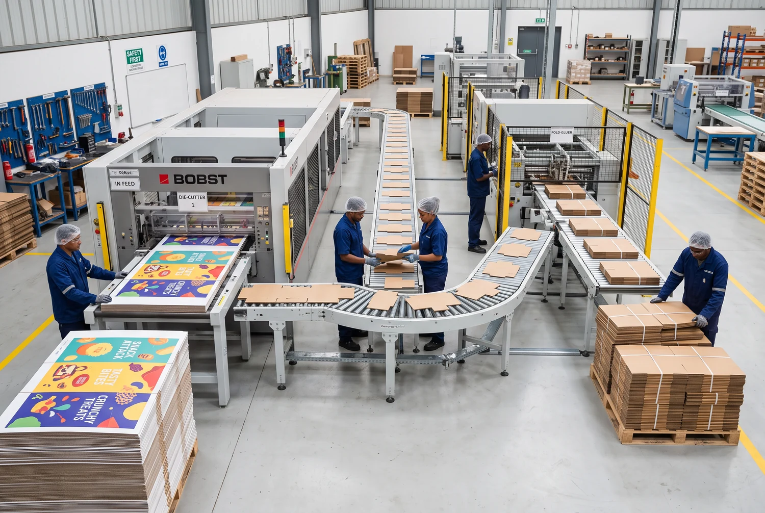 Xưởng gia công màn trưng bày tại quầy mang tính minh họa Công nhân bên cạnh máy gia công thùng carton, tờ in và chồng bìa phẳng