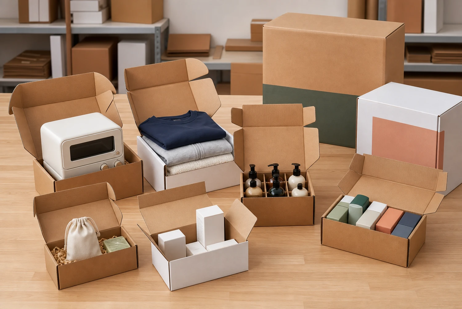 Thùng carton sóng vận chuyển tùy chỉnh trực tiếp từ nhà máy dùng cho mỹ phẩm, quần áo, sách, đồ điện tử và hoàn tất đơn hàng đăng ký định kỳ