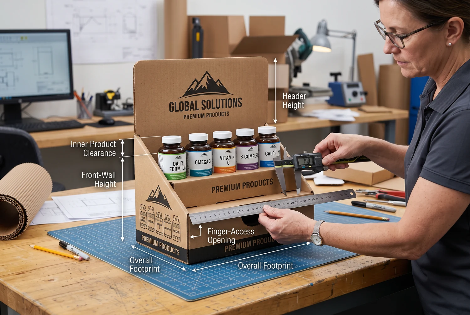 Kích thước vật trưng bày quầy, khả năng lấy sản phẩm và độ dễ đọc thông điệp Đo kỹ thuật vật trưng bày để bàn, thể hiện khoảng hở sản phẩm, chiều cao phần đầu, diện tích chiếm chỗ và khả năng đọc thương hiệu