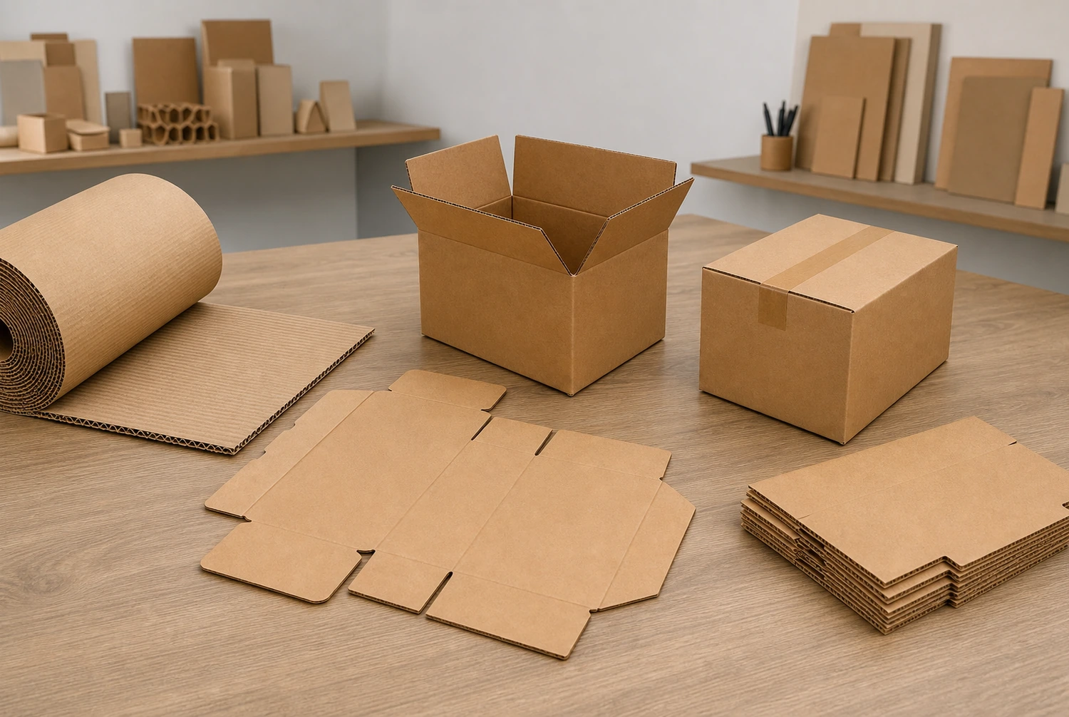 Cuộn carton sóng và tấm carton cạnh phôi phẳng, thùng mở và thùng đã dán băng keo