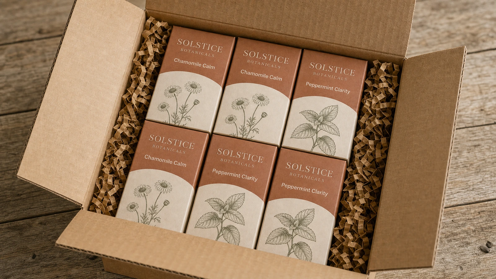 Sáu hộp thảo mộc đã lắp ráp được đóng trong thùng carton sóng có đệm giấy