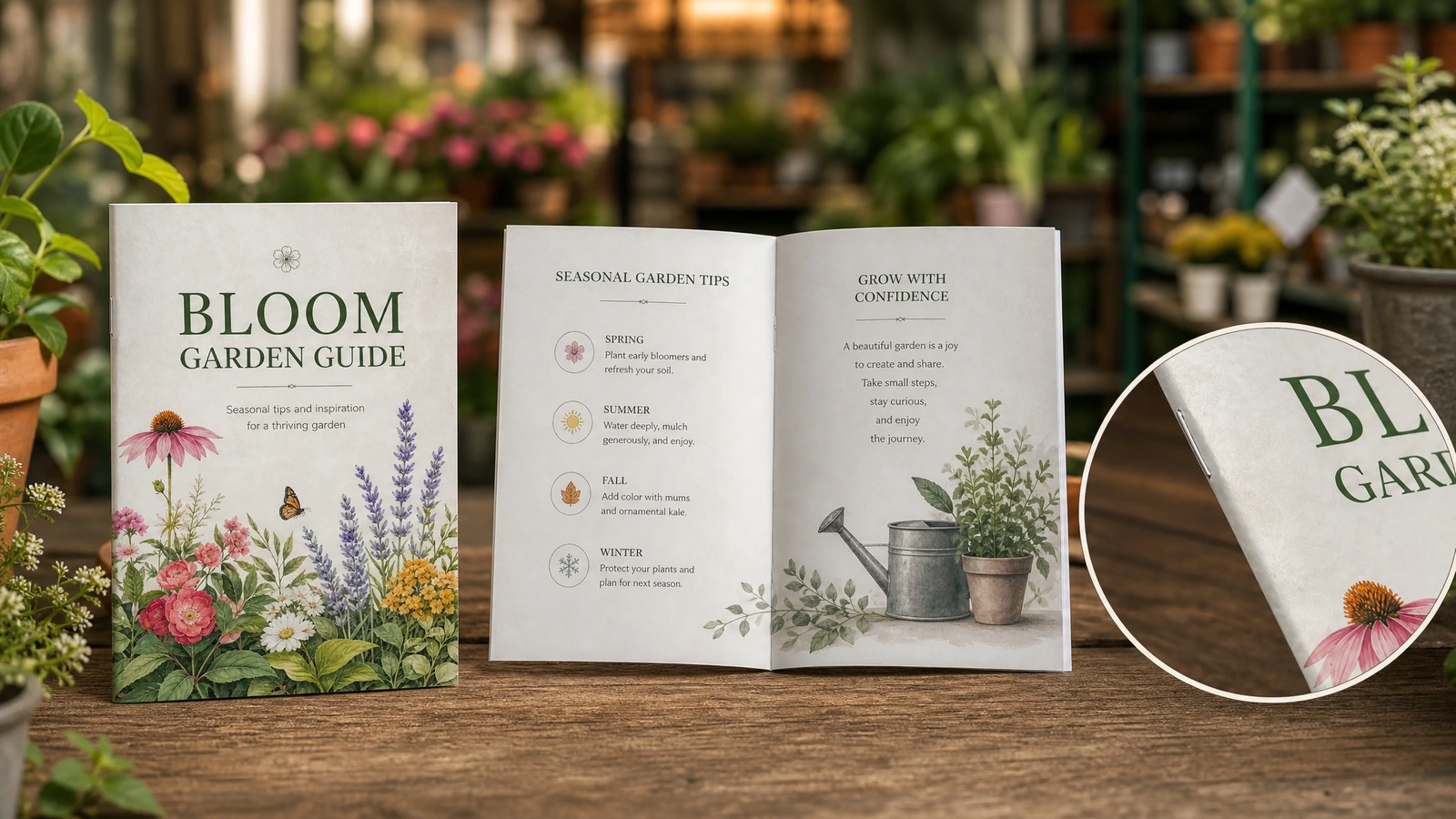 Trưng bày sách hướng dẫn làm vườn và chi tiết trang Bìa và ruột cuốn sách hướng dẫn làm vườn đang mở, kèm chi tiết mép trang