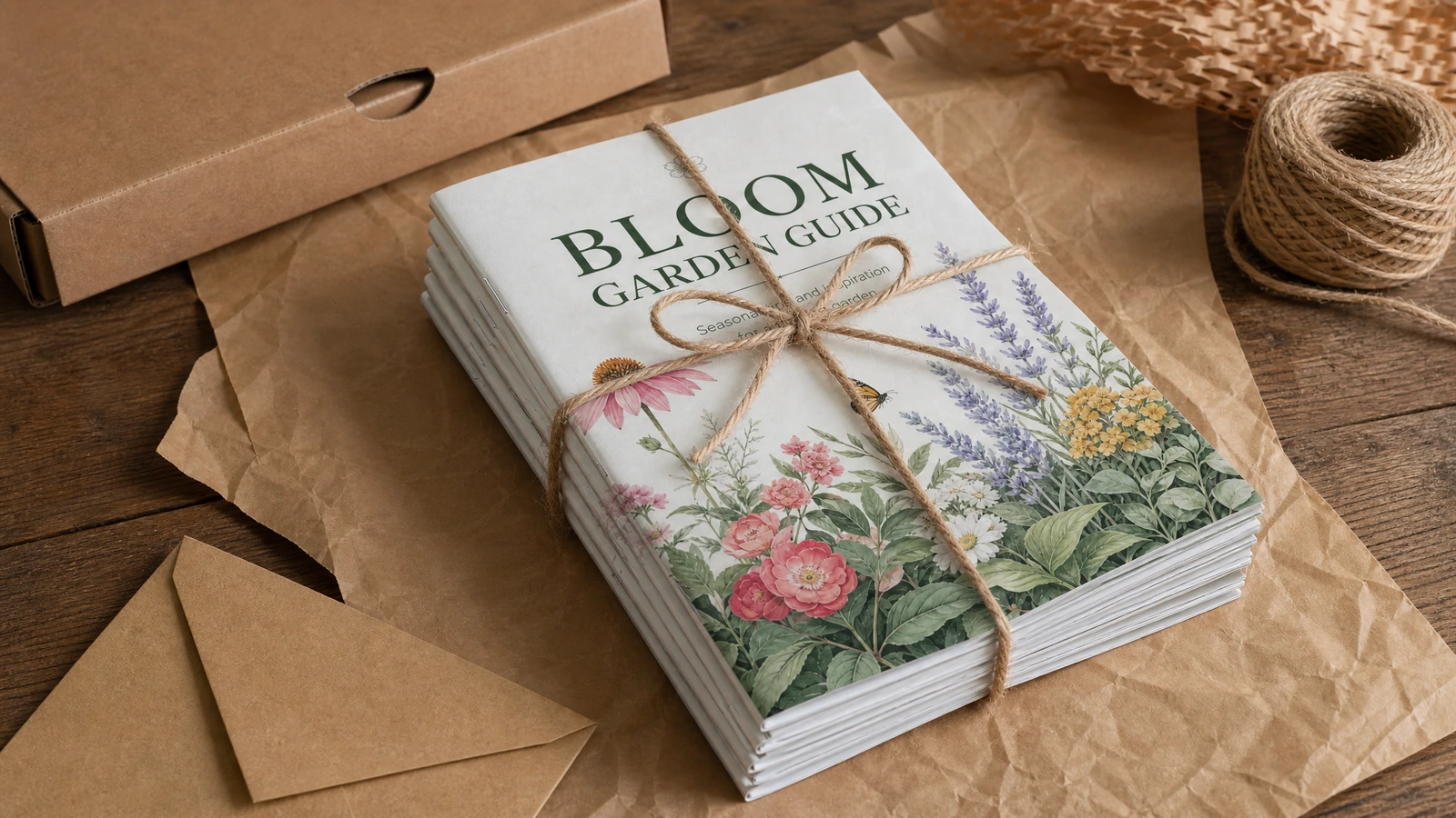Bó sách hướng dẫn làm vườn và thùng gửi thư Chồng sách hướng dẫn làm vườn được buộc dây, đặt cạnh thùng carton gửi thư màu nâu
