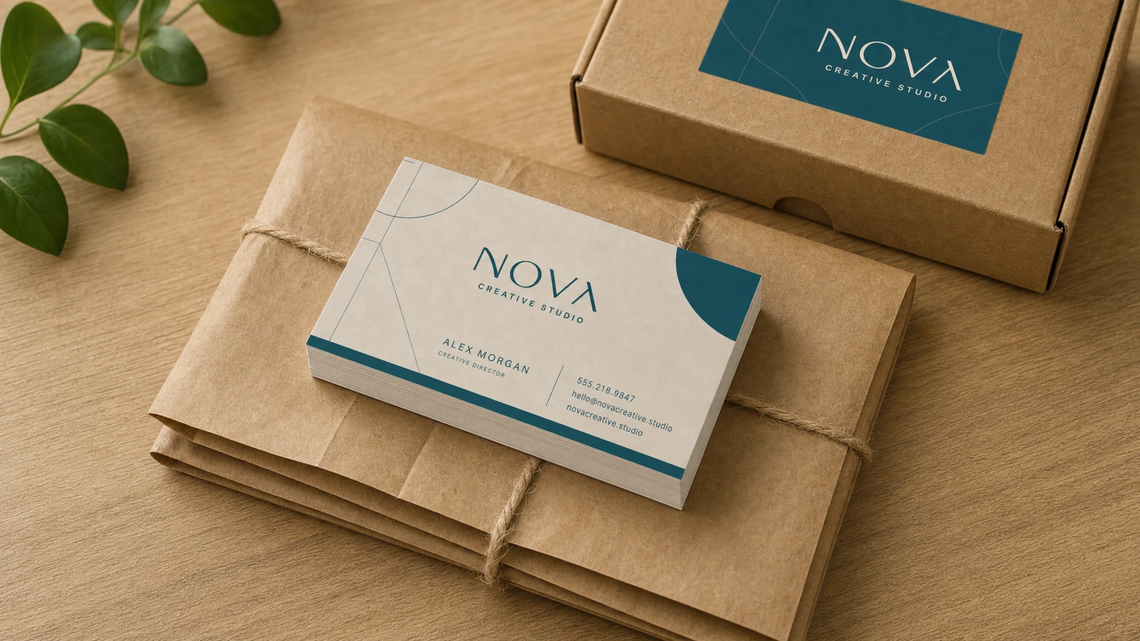 Minh họa một chồng danh thiếp đặt trên các bó giấy kraft được buộc dây, cạnh hộp có in thương hiệu