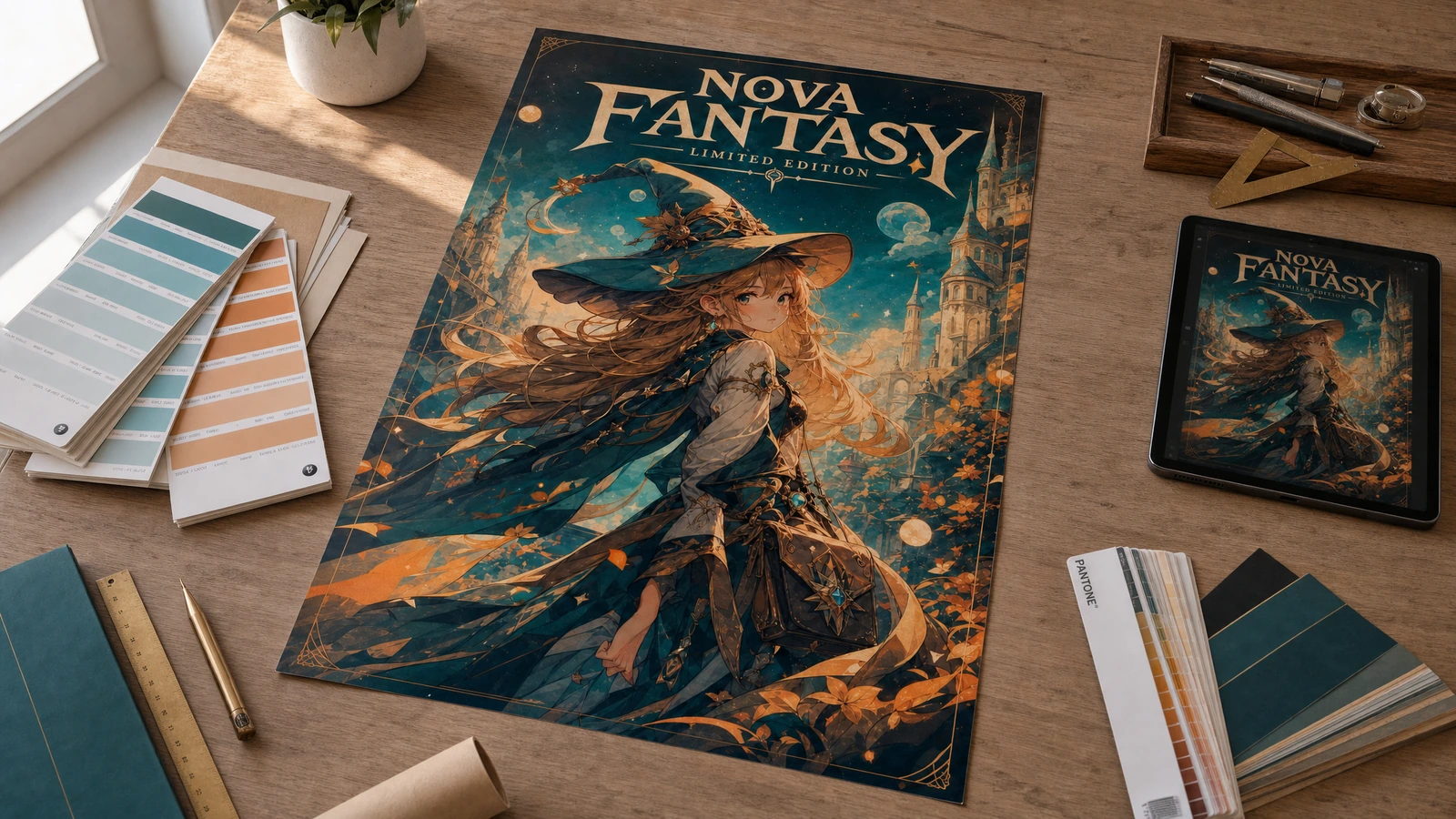 Lên ý tưởng tác phẩm và màu sắc cho poster giả tưởng Poster nghệ thuật giả tưởng đặt trên bàn cạnh máy tính bảng, bảng mẫu màu và dụng cụ vẽ