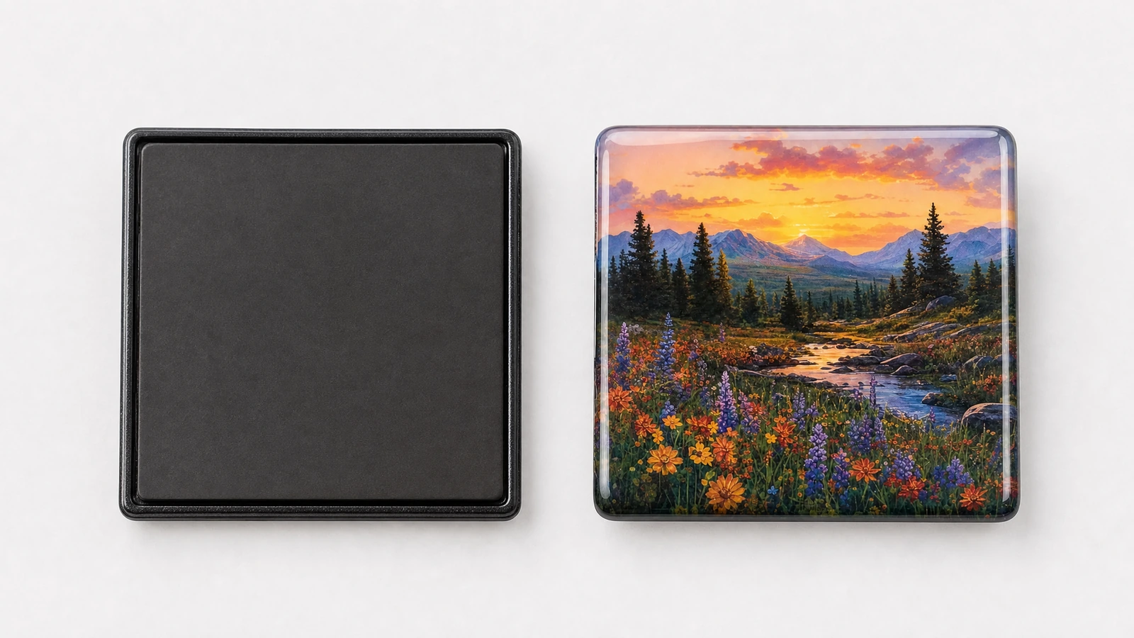 Mặt trước và mặt sau của nam châm vòm in Minh họa mặt trước của nam châm hình ngang, đặt cạnh mặt sau màu đen