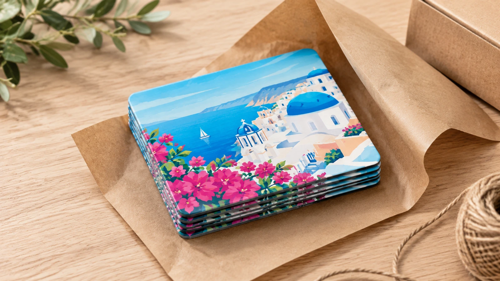 Một chồng nam châm tủ lạnh thiết kế biển gọn gàng trên giấy gói màu nâu, cạnh hộp carton