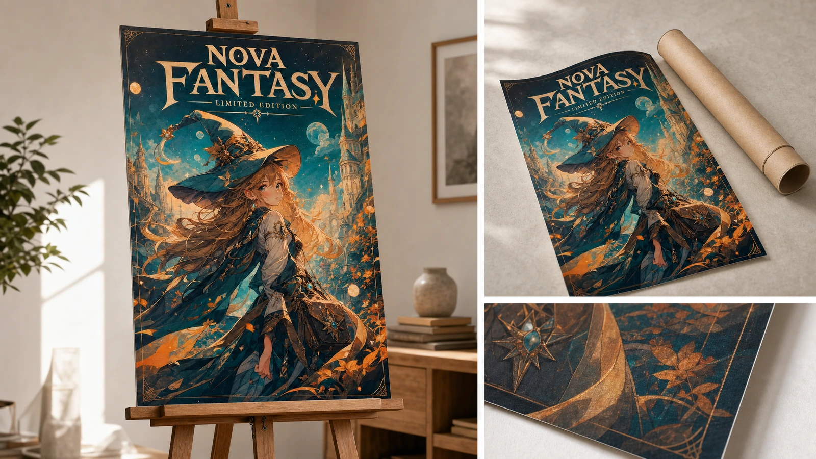 Trưng bày poster, bao bì và chi tiết in Poster giả tưởng được trưng bày trên giá vẽ, kèm bao bì đặt bên trong và các ảnh chi tiết in