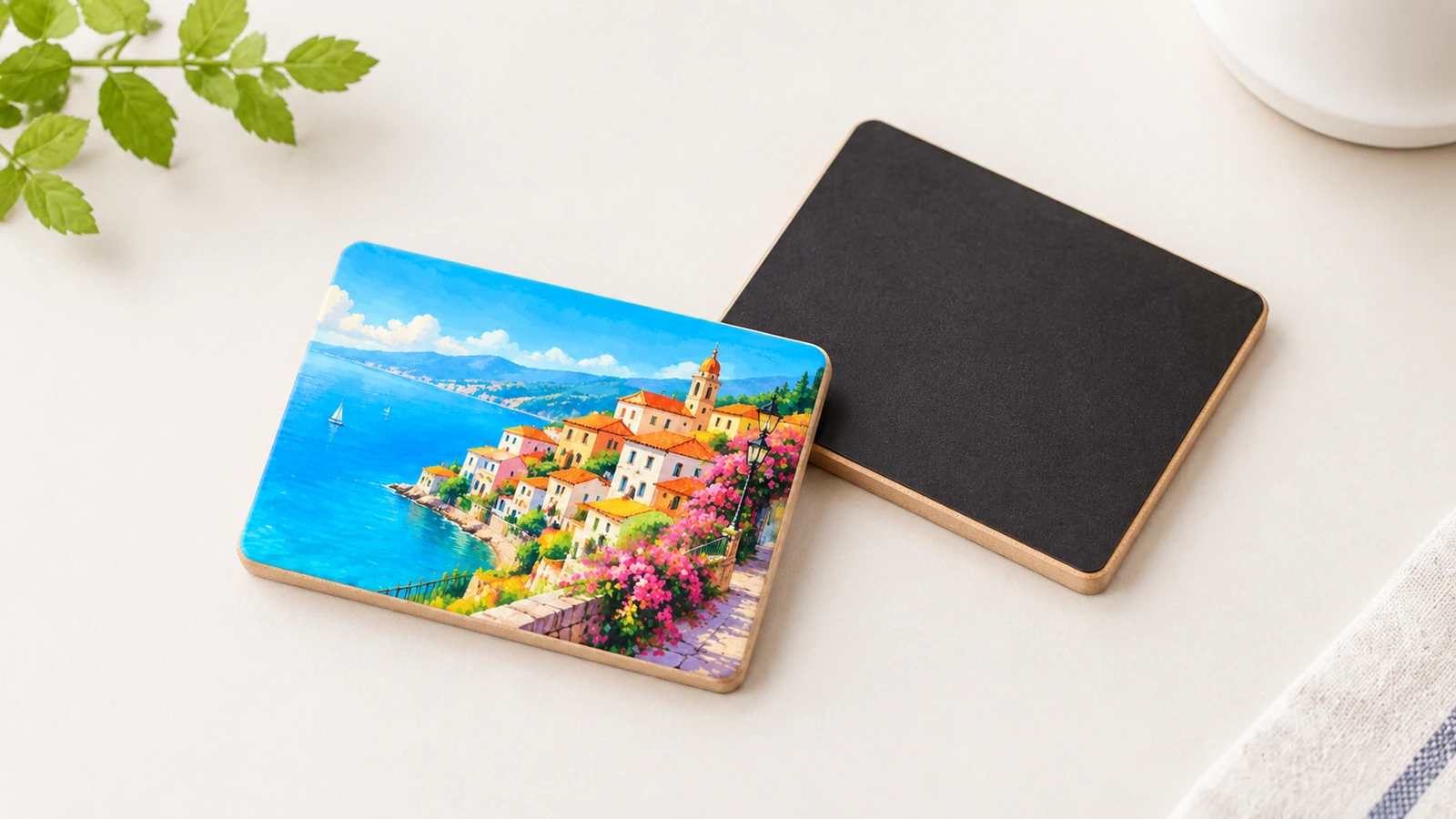 Mặt trước và mặt sau nam châm MDF in Hình minh họa nam châm in cảnh biển đặt cạnh mặt sau có lớp lưng màu đen