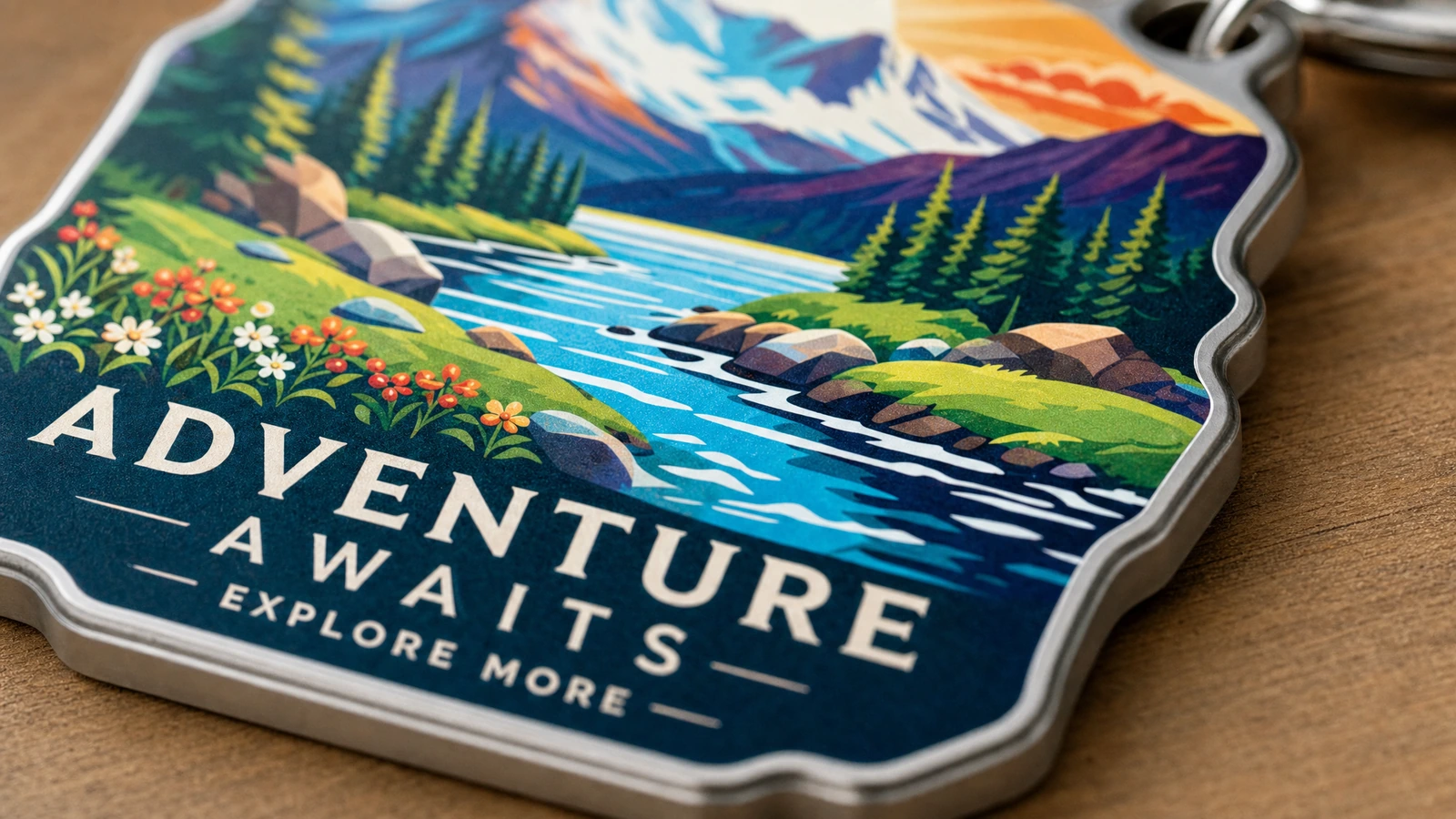 Ảnh cận cảnh móc khóa phong cảnh tạo hình thể hiện núi, dòng sông và dòng chữ Adventure Awaits