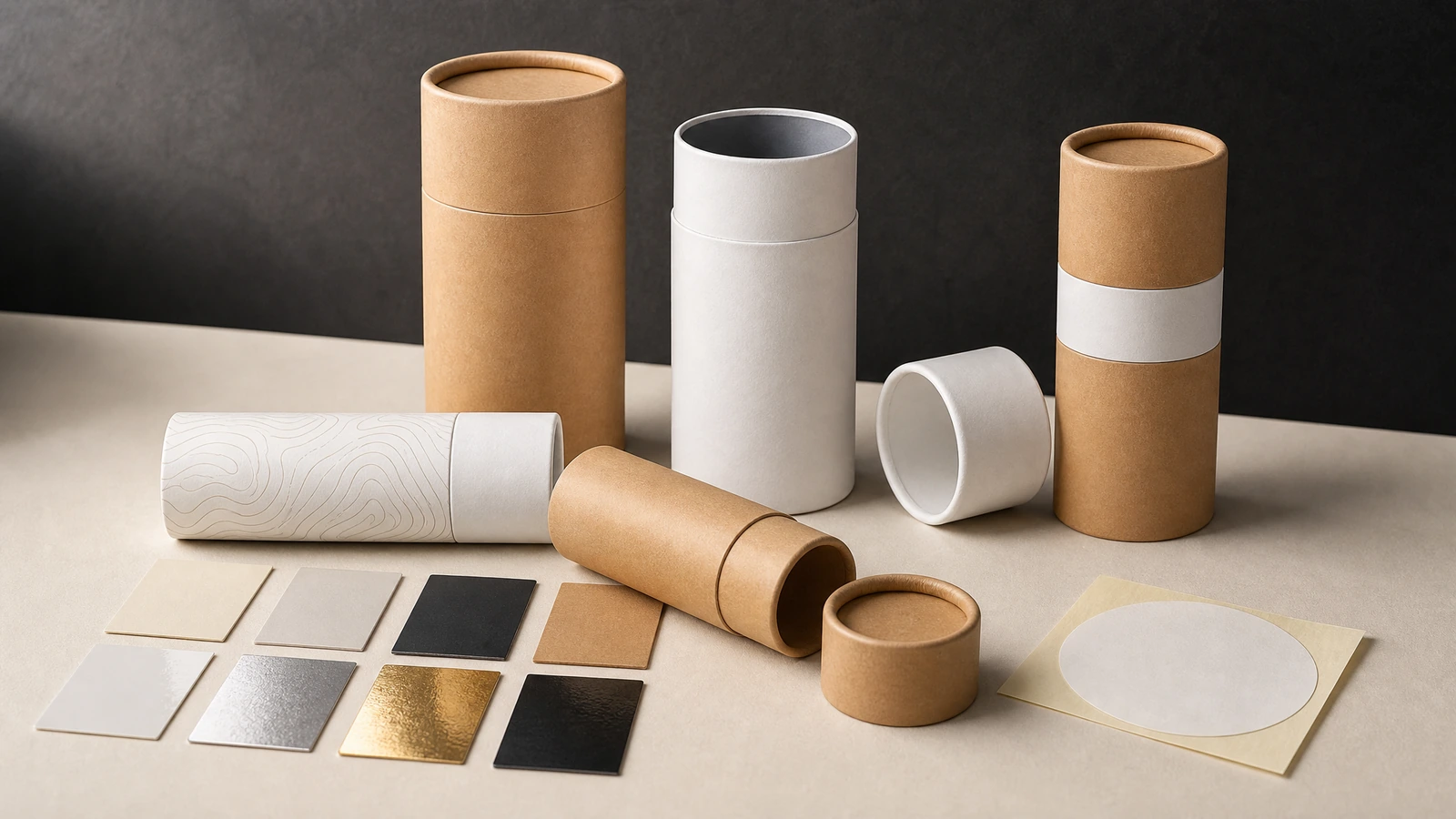 Thiết kế ống và mẫu hoàn thiện Hộp hình trụ bằng giấy kraft và giấy trắng có nắp tháo rời, đặt cạnh mẫu hoàn thiện và mẫu giấy