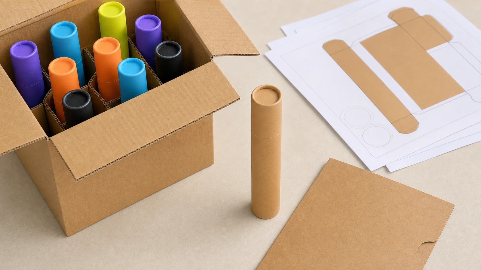 Ý tưởng đóng gói ống và bản vẽ thùng carton Các ống màu được xếp đứng trong thùng carton, đặt cạnh ống kraft và bản vẽ thùng carton