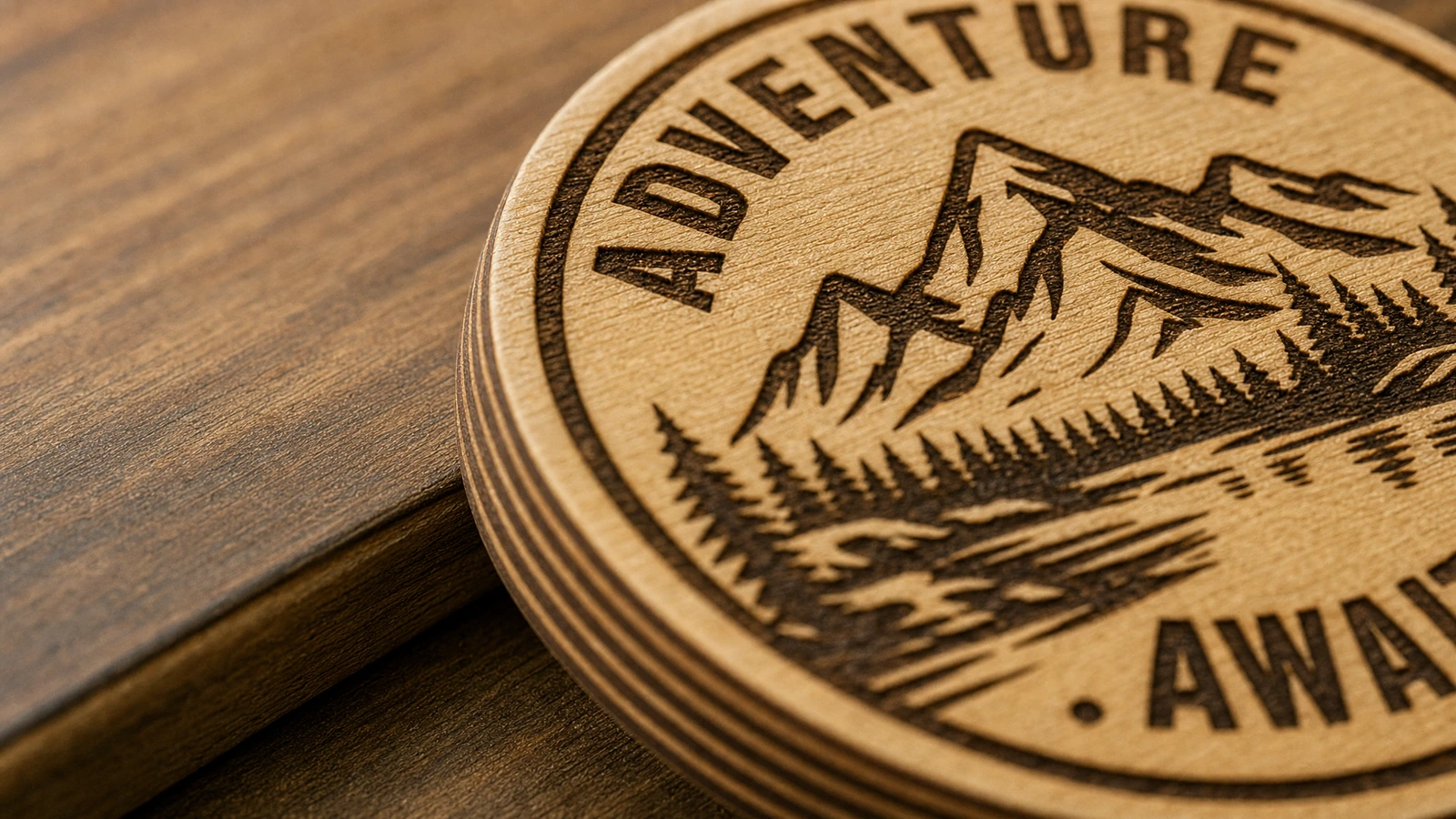 Bề mặt gỗ khắc và cạnh nhiều lớp Cận cảnh hình khắc núi và chữ “Adventure Awaits” trên đĩa gỗ nhiều lớp