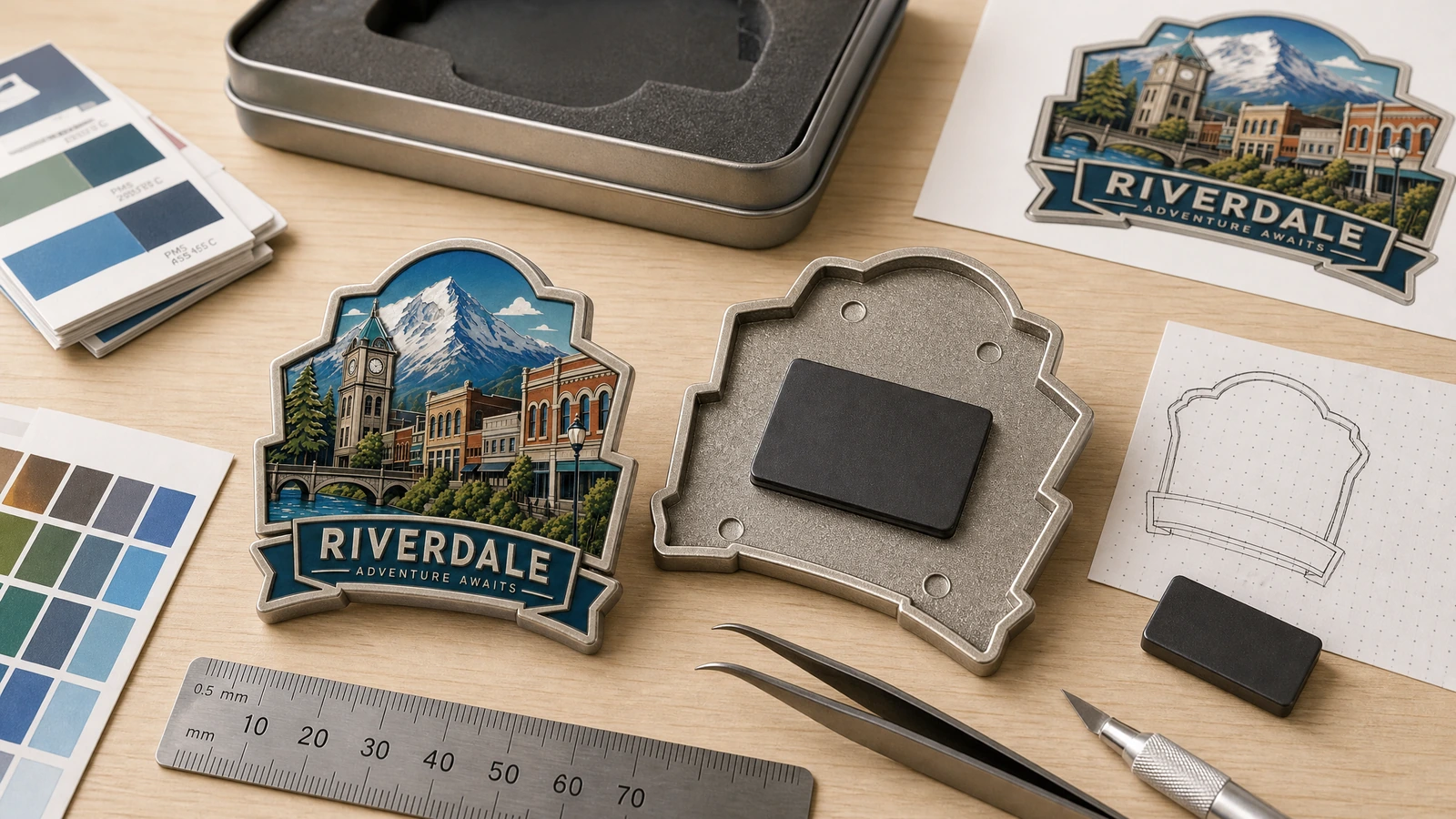 Thiết kế nam châm lưu niệm và trưng bày các thành phần Minh họa nam châm lưu niệm Riverdale, mặt sau là một chi tiết khác, tác phẩm nghệ thuật và mẫu màu đặt cạnh thước kẻ