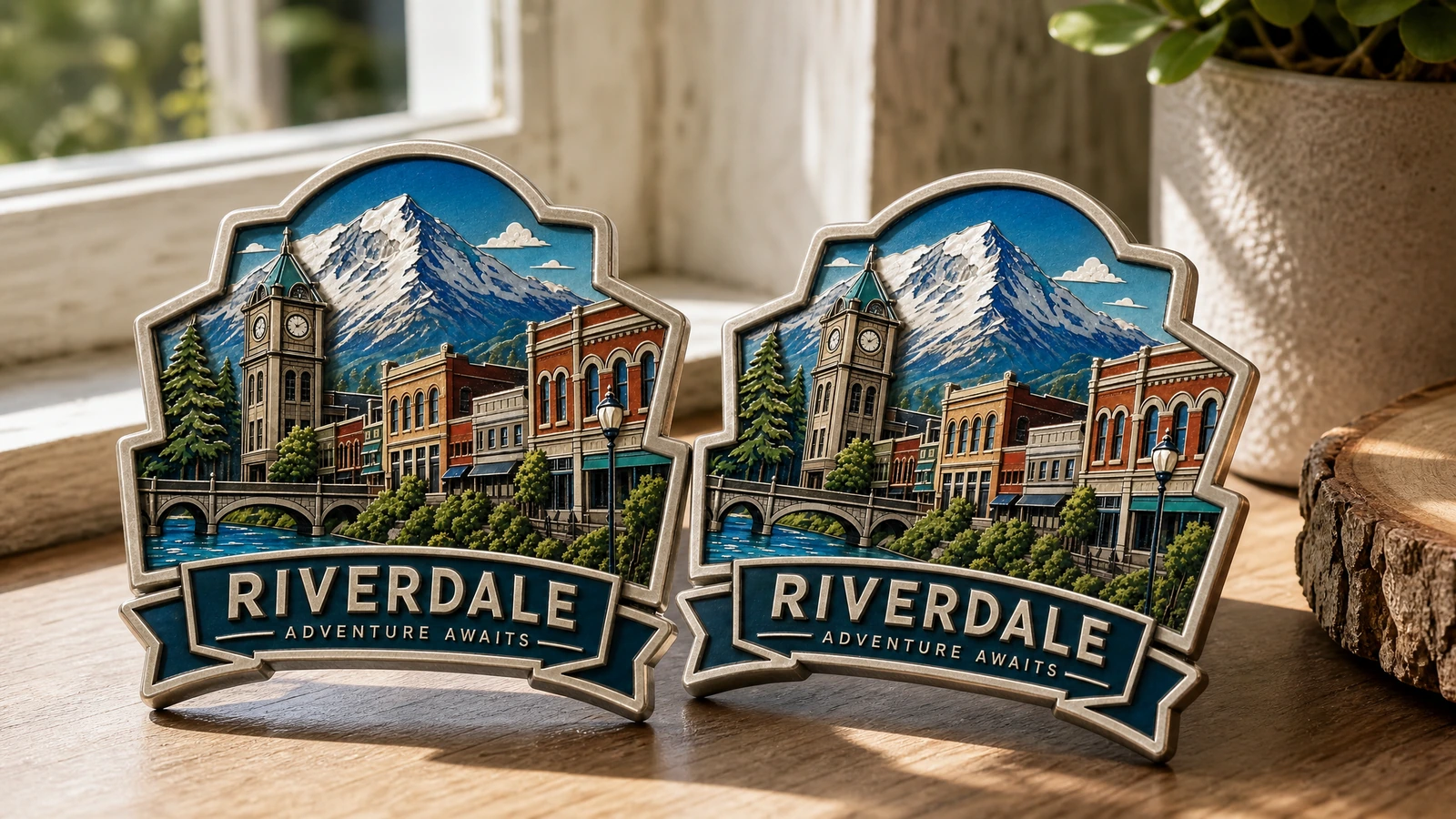 Hai nam châm lưu niệm được trưng bày Minh họa cặp nam châm lưu niệm Riverdale trên bậu cửa sổ bằng gỗ