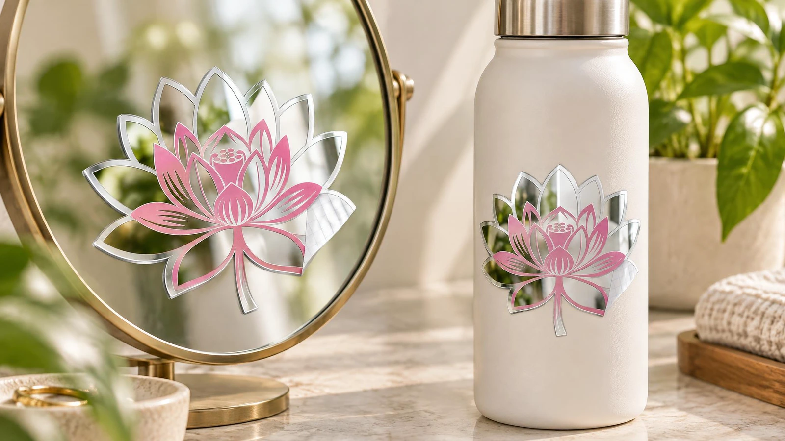Ví dụ ứng dụng miếng dán gương hoa sen Miếng dán hoa sen màu hồng và bạc được đặt trên gương để bàn và một chai màu trắng