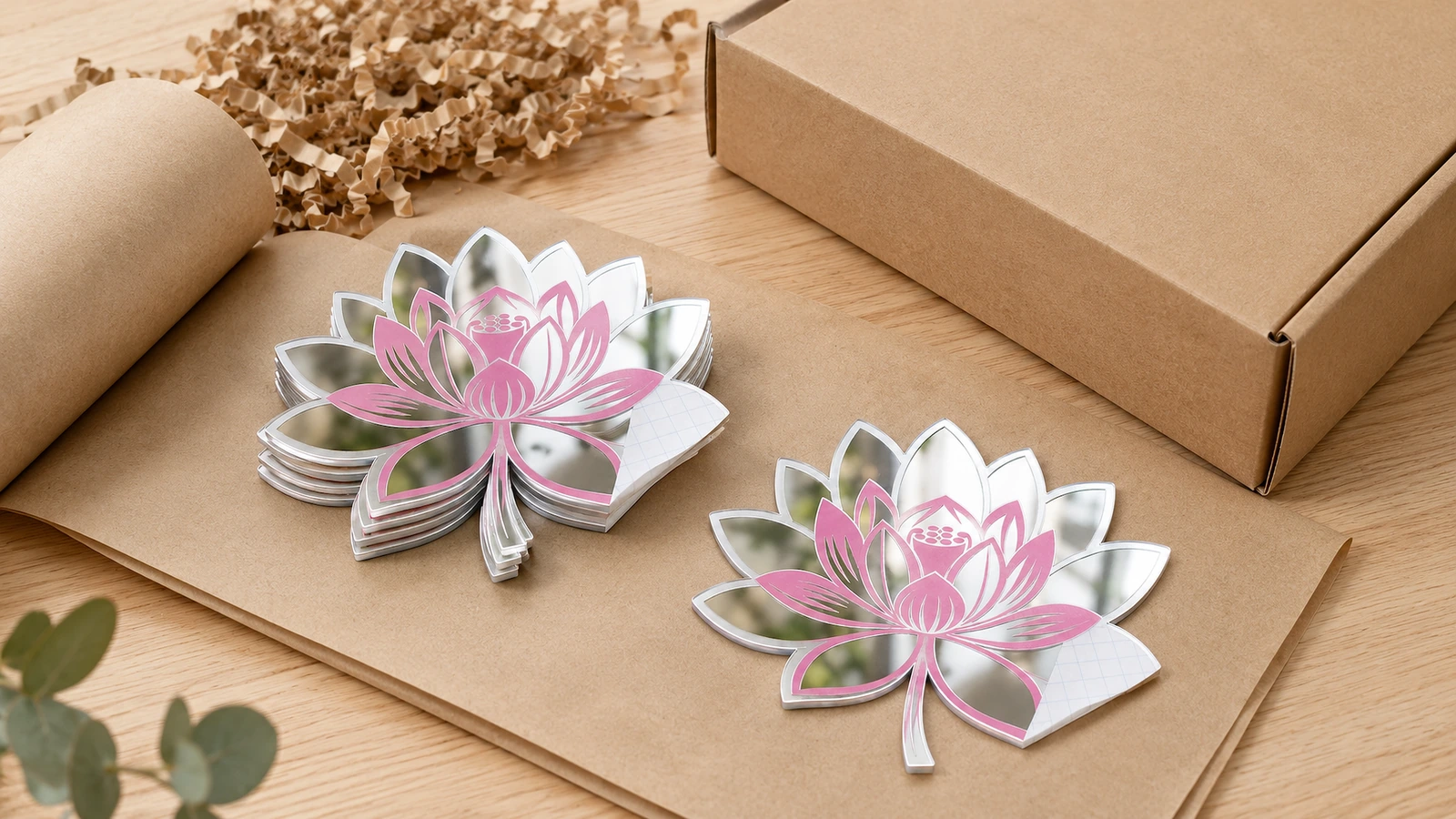 Miếng dán gương hoa sen đặt cạnh vật liệu đóng gói Miếng dán gương hoa sen rời và xếp chồng trên bìa carton, cạnh hộp kraft đang mở và vật liệu đóng gói bằng giấy