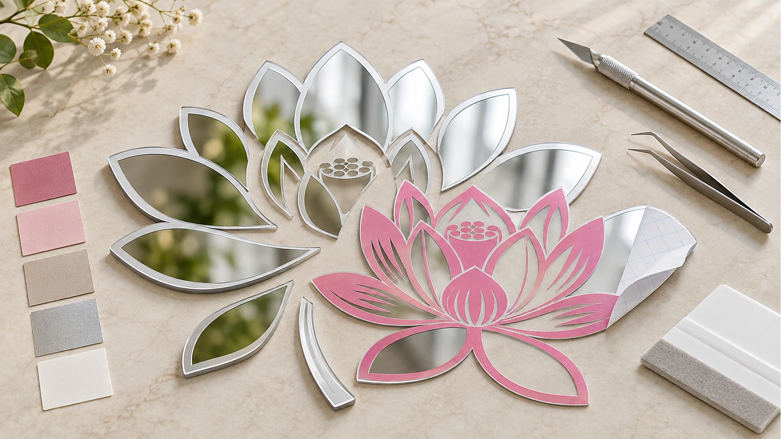 Miếng dán gương hoa sen cùng mẫu màu và dụng cụ cắt Miếng dán gương hình hoa sen màu bạc với chi tiết hoa hồng nhạt, đặt cạnh các mẫu màu, thước kẻ và dao cắt trên mặt bàn