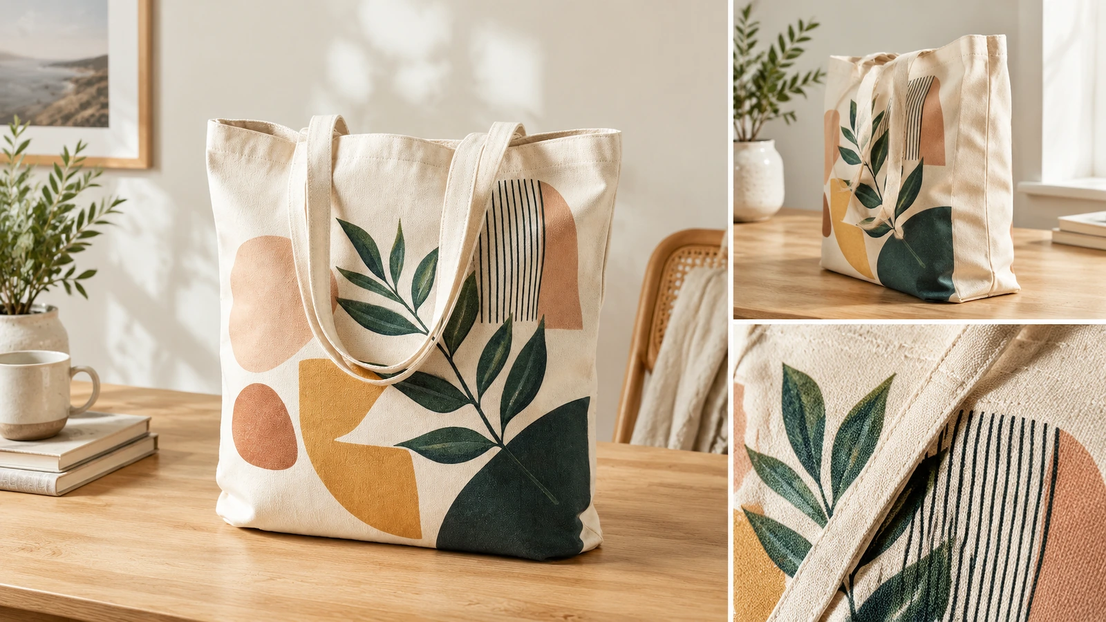 Ảnh ghép túi tote canvas in nhìn từ bên cạnh, cùng ảnh cận cảnh họa tiết và chất vải