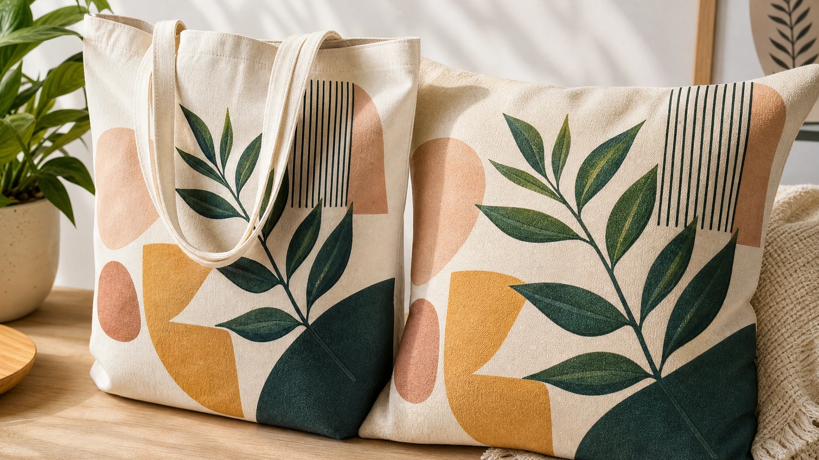 Túi tote canvas in đặt cạnh một chiếc gối ôm với họa tiết lá và hình học đồng bộ