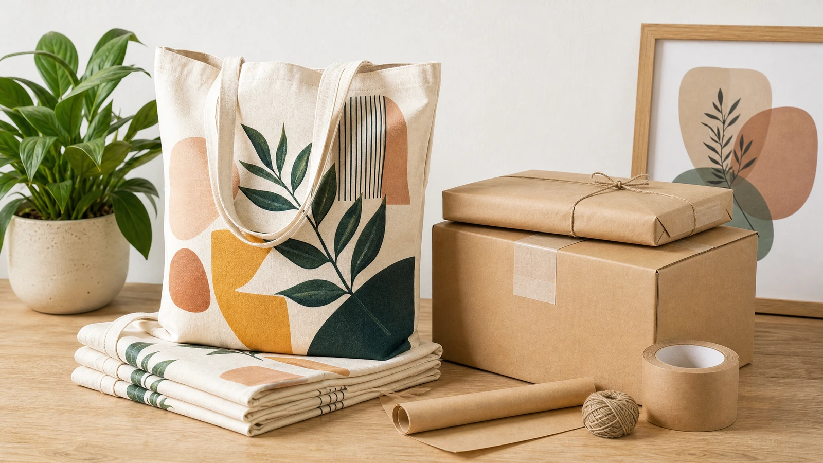 Túi tote canvas in và những chiếc túi đồng bộ đã gấp, đặt cạnh hộp và vật liệu đóng gói