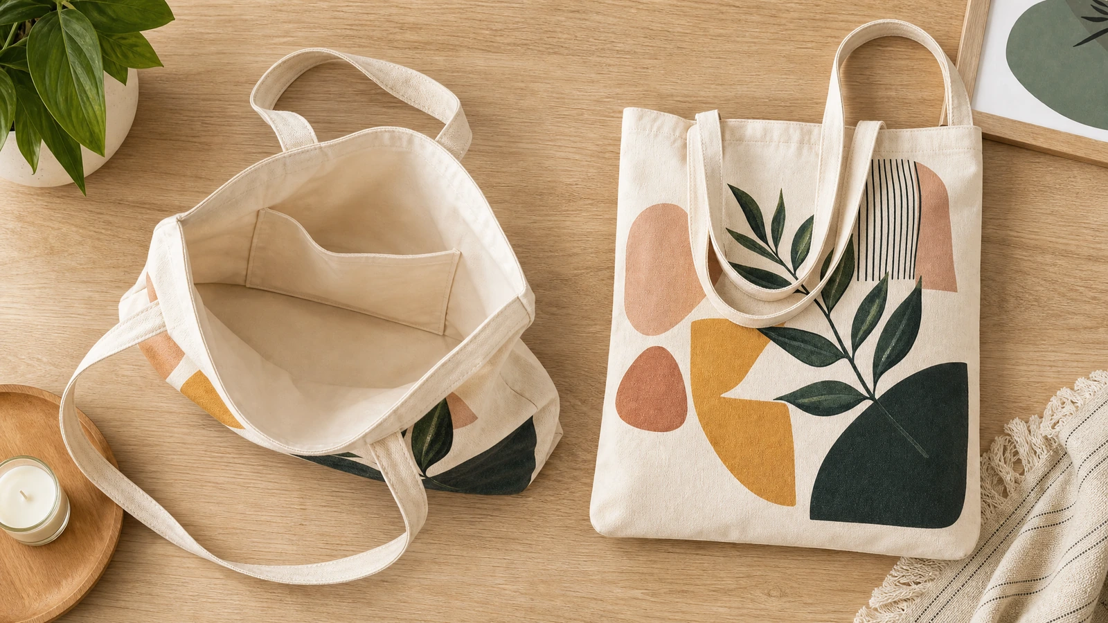 Các túi tote canvas đồng bộ, một chiếc mở ra nhìn từ trên xuống và một chiếc gấp lại với mặt trước đã in hướng ra ngoài