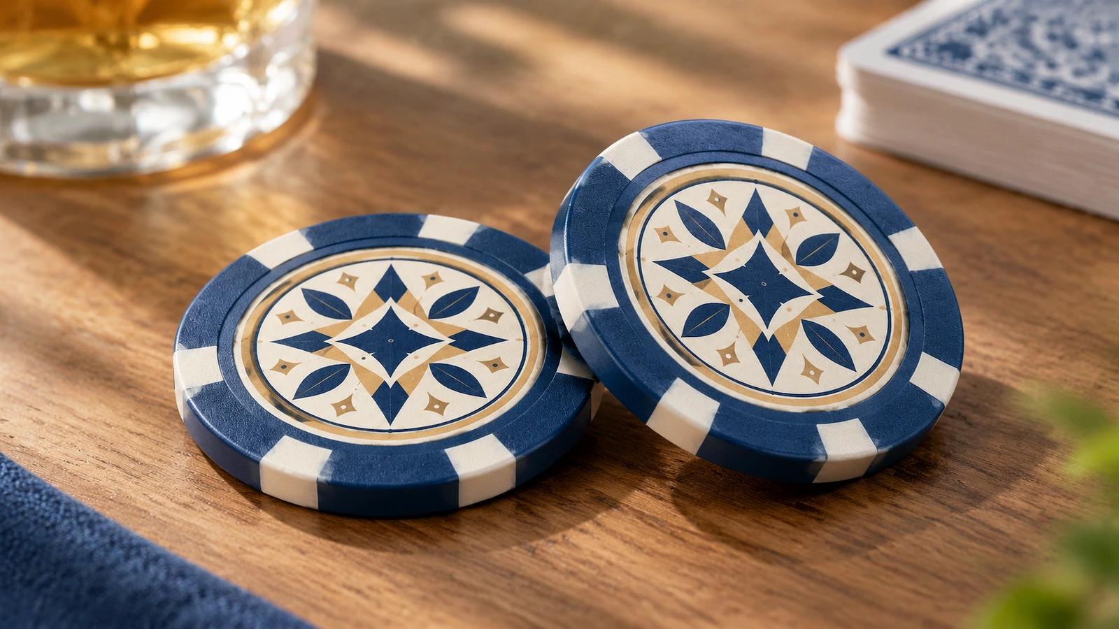 Hai chip poker thiết kế hình học trên bàn gỗ, cạnh một bộ bài
