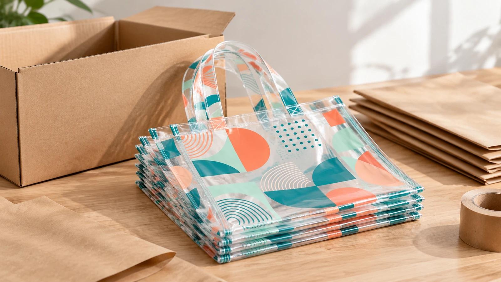 Túi tote trong suốt và vật liệu đóng gói Túi tote trong suốt xếp chồng bên cạnh thùng carton, giấy kraft và băng keo đóng gói