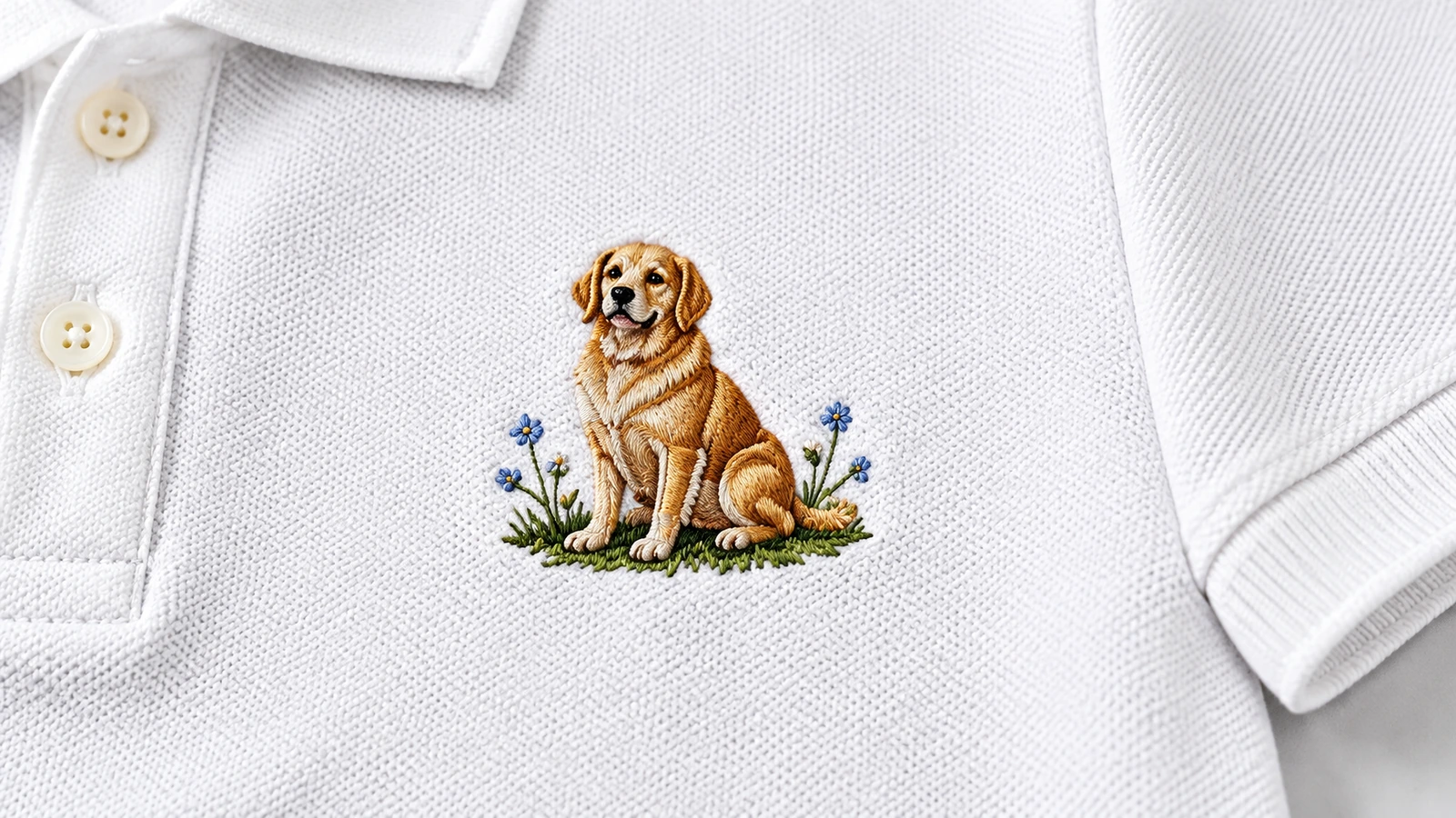 Hình thêu chó trên vải trắng có kết cấu Cận cảnh hình thêu chó với hoa nhỏ trên vải polo trắng có kết cấu
