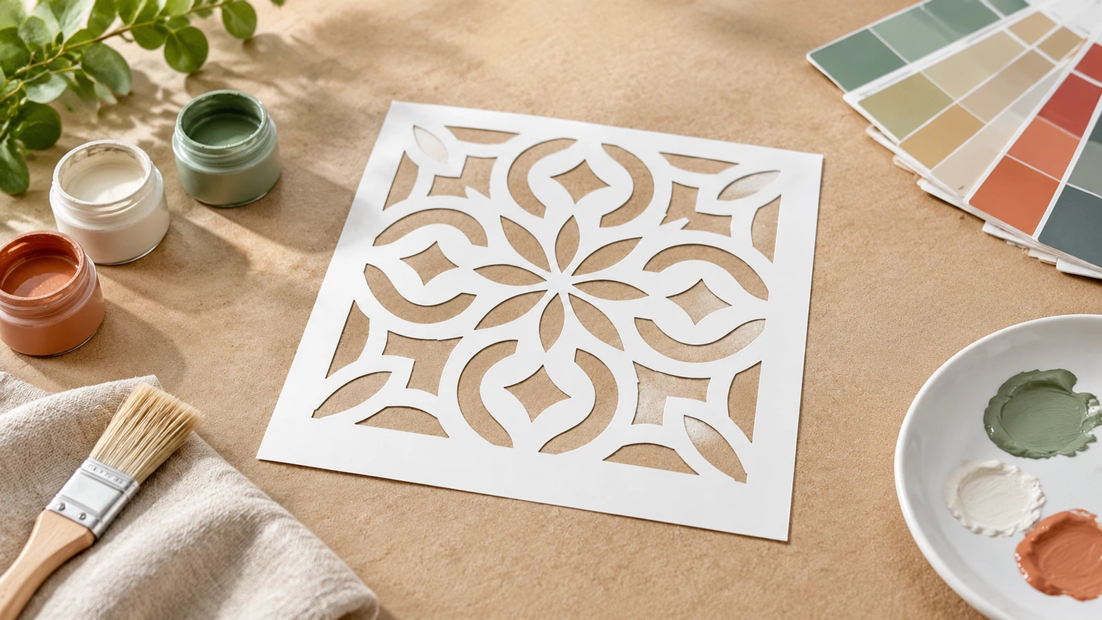 Stencil hoa màu trắng đặt cạnh lọ sơn, cọ vẽ và các mẫu màu