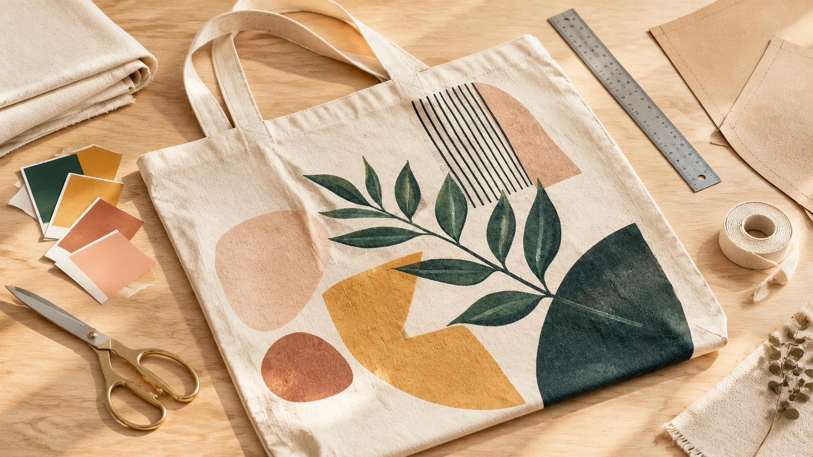 Túi tote canvas với họa tiết lá và hình học, đặt cạnh các mẫu màu, kéo và thước kẻ
