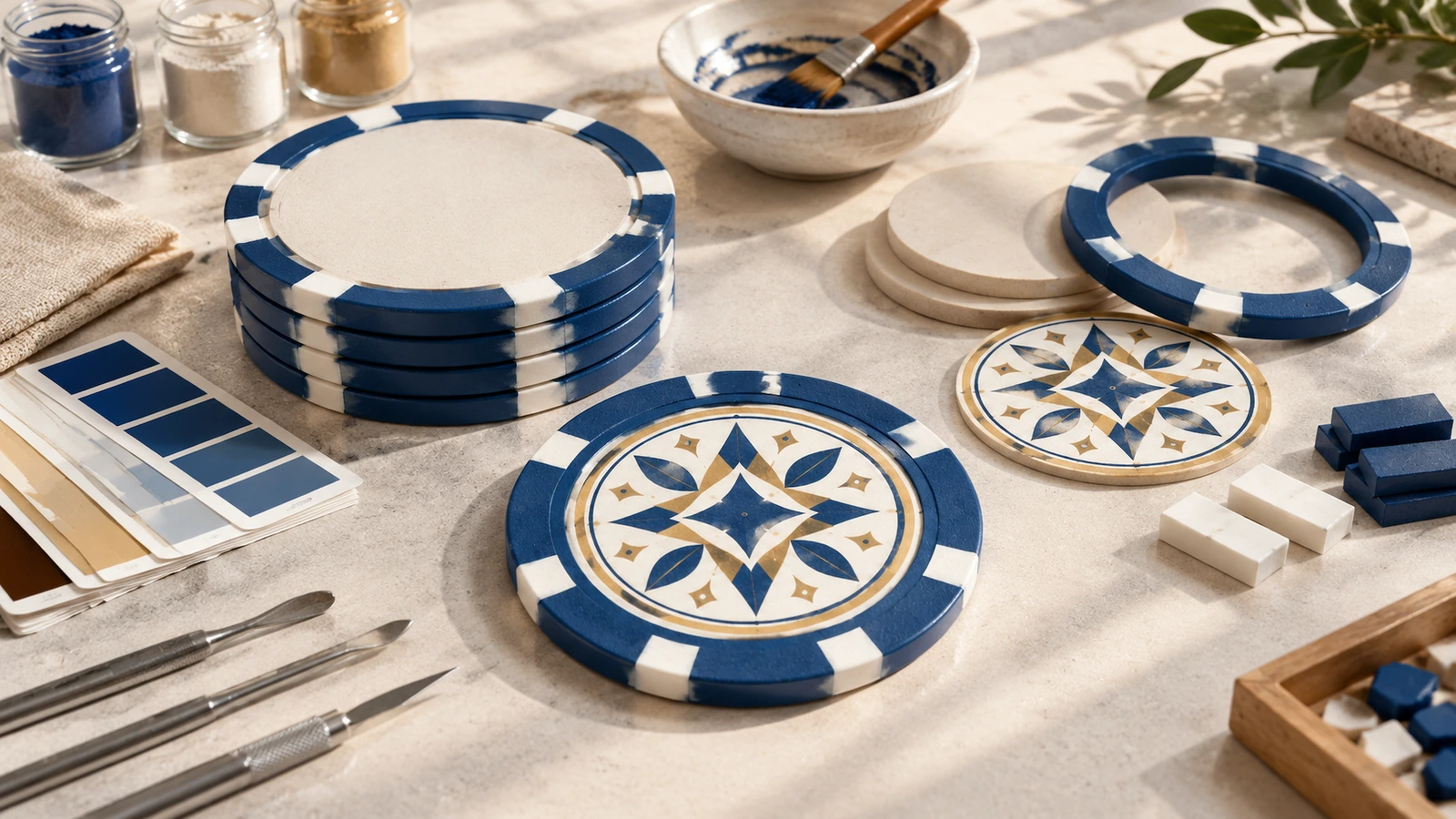 Các bộ phận chip poker màu xanh và trắng cùng thiết kế mặt hình học, đặt cạnh sơn và dụng cụ thủ công