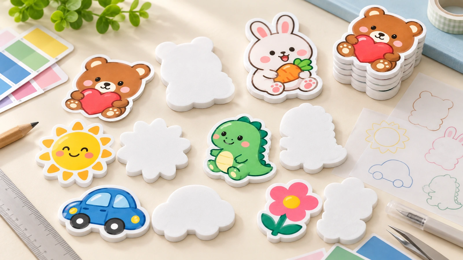 Các decal bọt xốp nhiều màu hình gấu, thỏ, khủng long, mặt trời, ô tô và hoa, đặt cạnh các hình cắt trống và dụng cụ thủ công