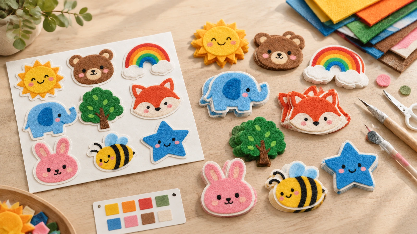 Mẫu sticker nỉ và vật liệu thủ công Sticker nỉ hình động vật, cầu vồng, mặt trời và ngôi sao nhiều màu trên tờ giấy trắng và bàn thủ công, bên cạnh các tấm nỉ, kéo và bảng mẫu màu