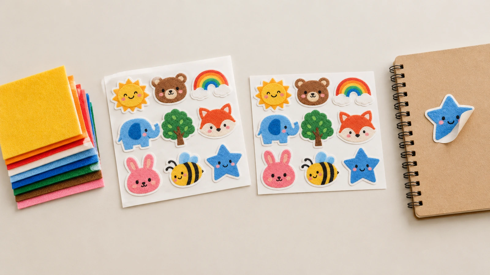 Tờ sticker nỉ và cuốn sổ được trang trí 2 tờ sticker nỉ hoạt hình nhiều màu bên cạnh các tấm nỉ màu xếp chồng và một cuốn sổ bìa kraft có một sticker ngôi sao xanh
