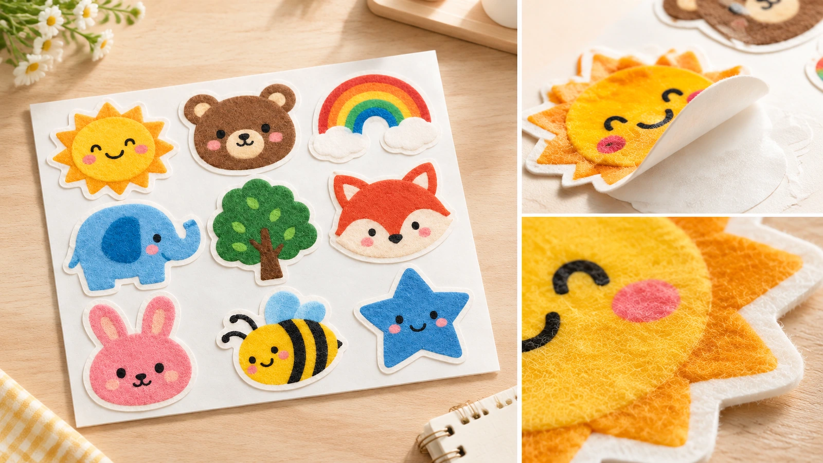 Tờ sticker nỉ, lớp nền bóc được và chi tiết kết cấu Ảnh ghép tờ sticker nỉ hoạt hình với ảnh cận cảnh sticker mặt trời đang bóc khỏi lớp nền và mép có kết cấu của nó
