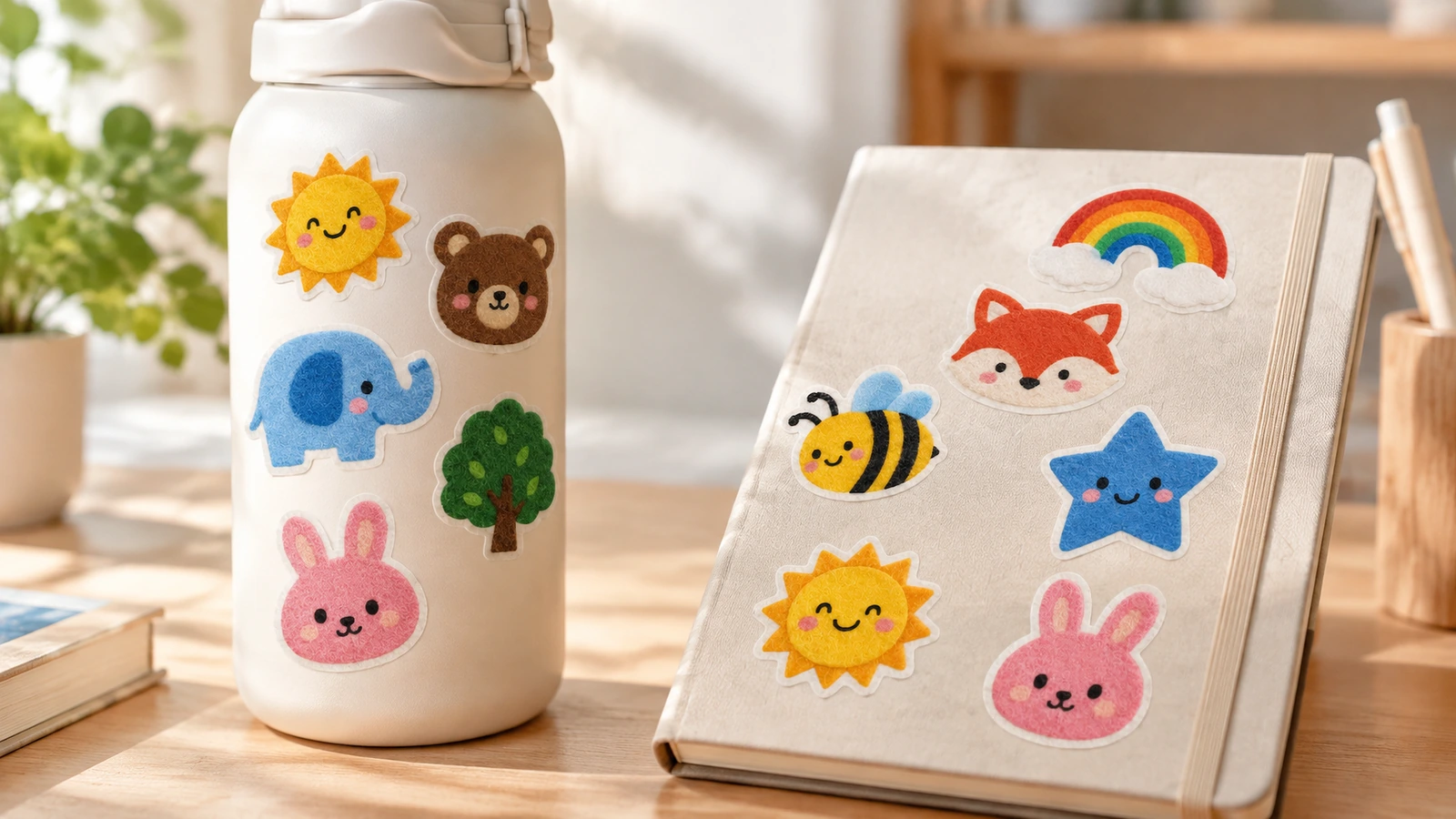 Sticker nỉ trên chai và sổ tay Sticker nỉ hoạt hình nhiều màu trang trí chai trắng và cuốn sổ màu sáng trên bàn làm việc