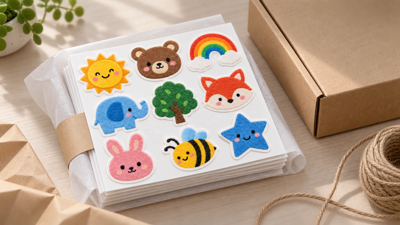 Tờ sticker nỉ được đóng gói bên cạnh hộp carton Các tờ sticker nỉ xếp chồng trong bao nhựa trong suốt, bên cạnh hộp carton kraft đang mở