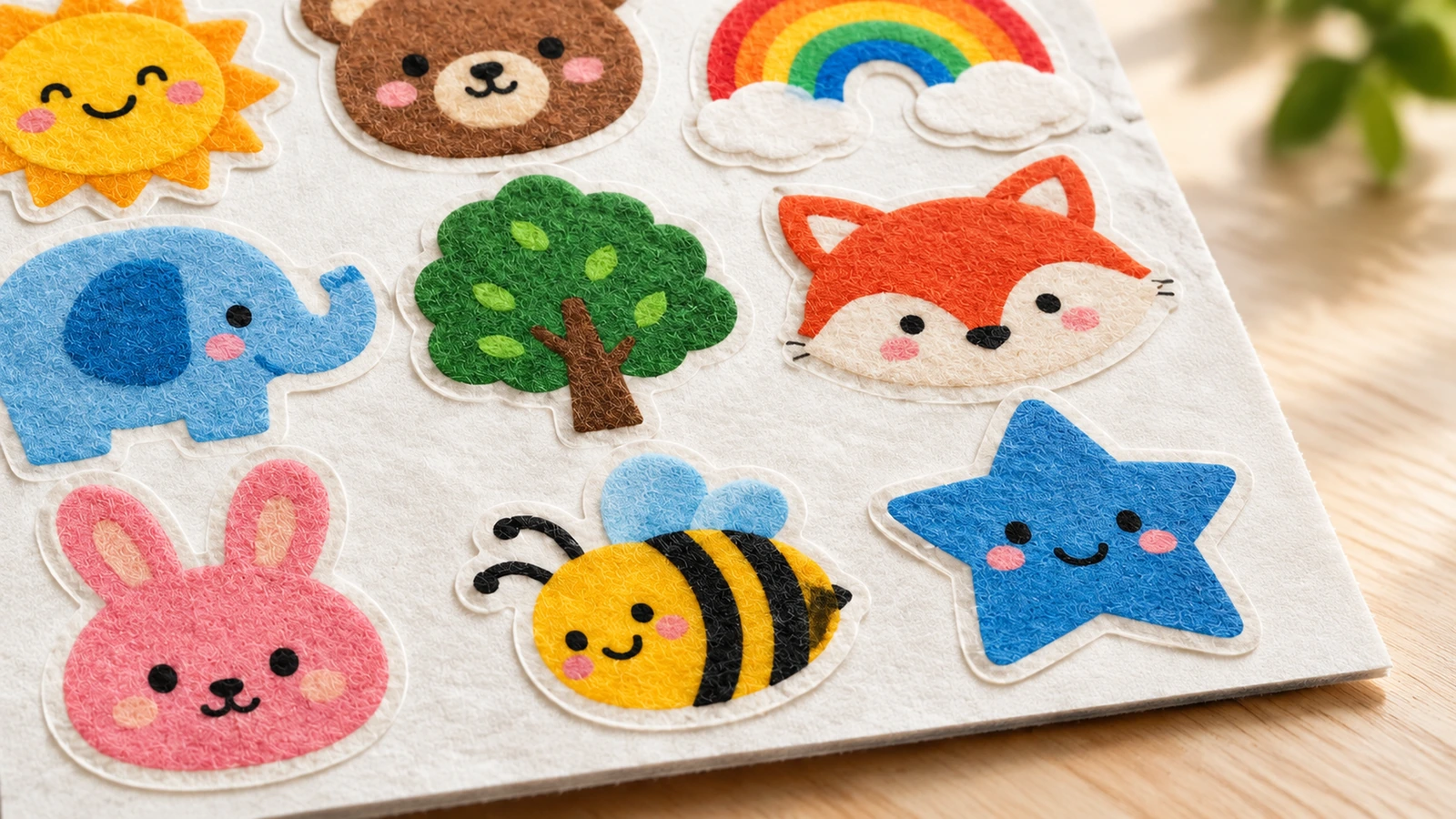Ảnh cận cảnh kết cấu sticker nỉ nhiều màu Ảnh cận cảnh các sticker nỉ có kết cấu hình động vật, cầu vồng, mặt trời và ngôi sao được sắp trên tờ lót trắng