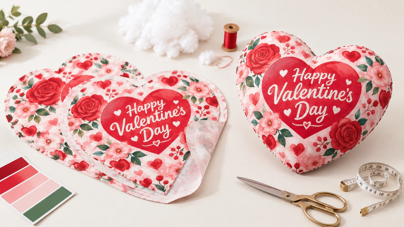 Gối trái tim Valentine và vật liệu may vá Các tấm vải hoa Valentine cho gối trái tim và một chiếc gối đã nhồi đặt bên cạnh dụng cụ may vá