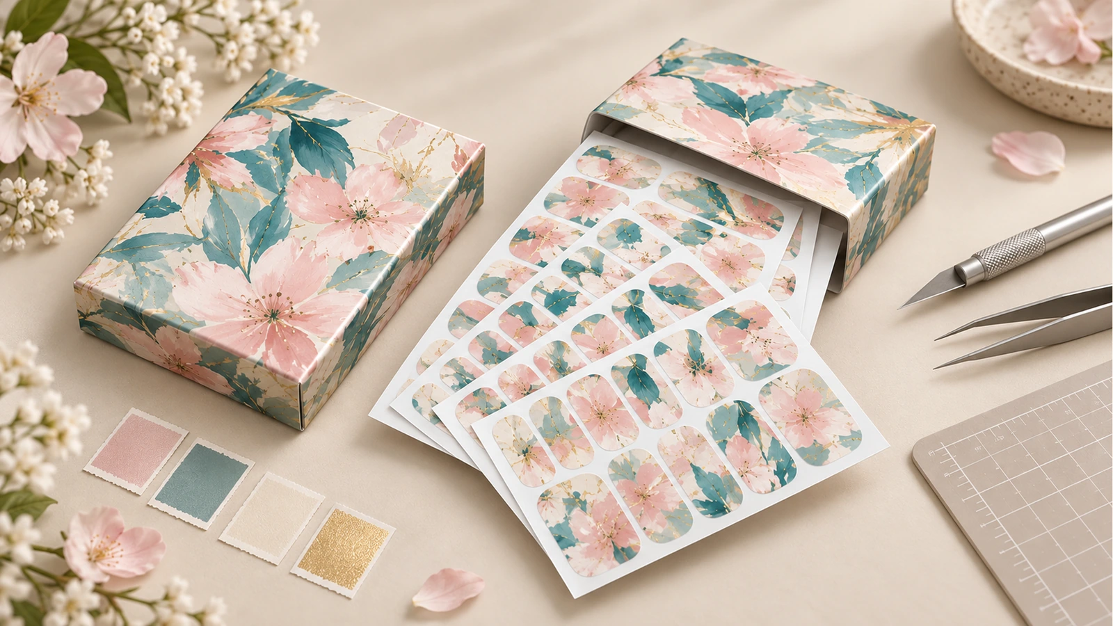 Tờ miếng dán móng hoa và bao bì Tờ miếng dán móng hoa nổi lên từ các hộp in đồng bộ, đặt cạnh bảng mẫu màu và dụng cụ