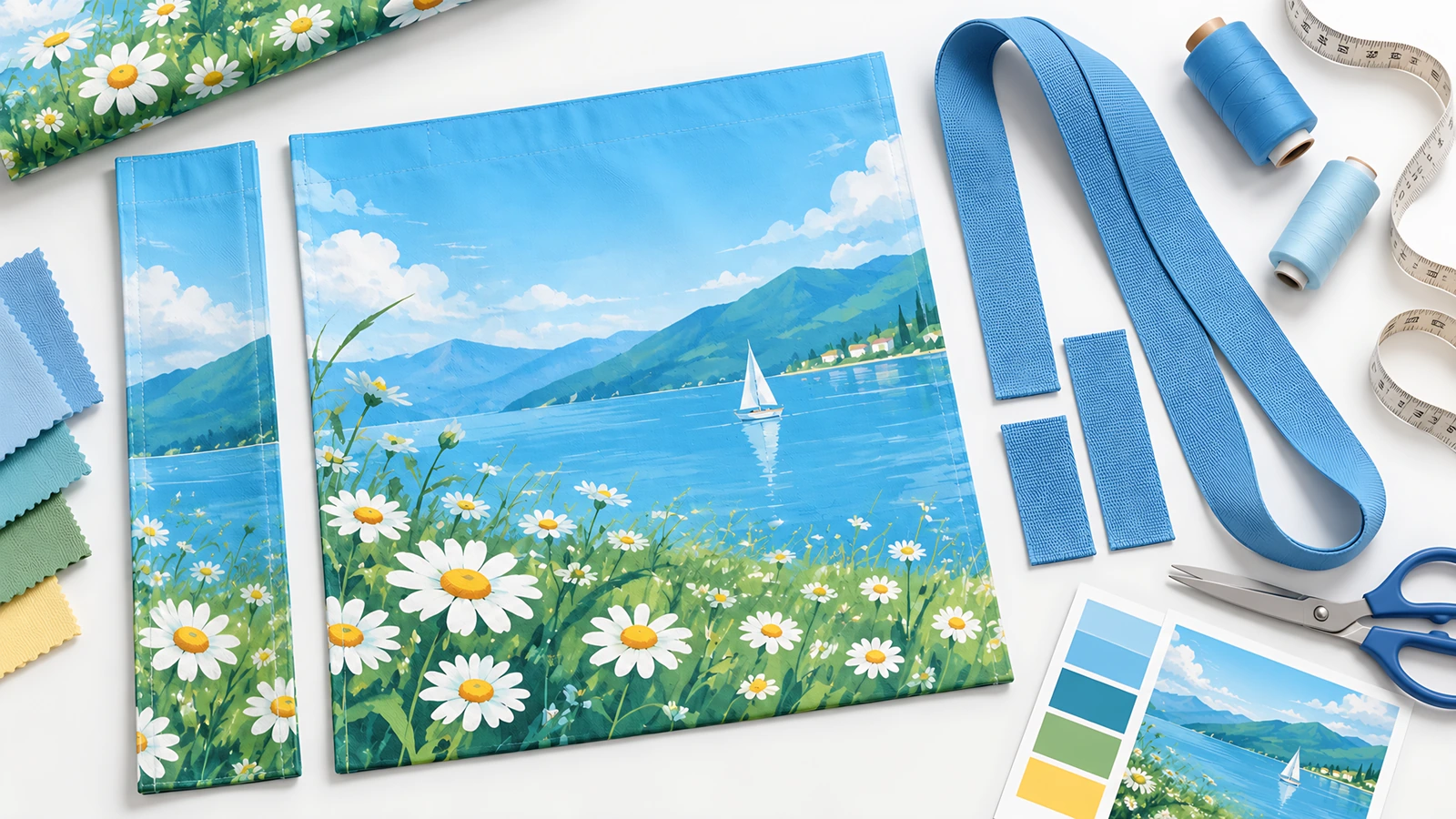 Các mảnh túi tote in họa tiết lake-and-daisy, quai màu xanh dương và dụng cụ may được bày trên bàn