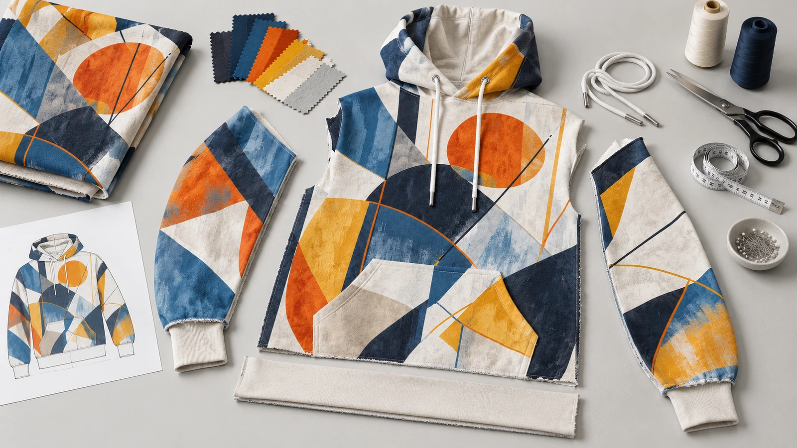 Áo hoodie chui đầu in họa tiết hình học, kèm các mảnh vải phối, mẫu vải, dây rút và dụng cụ may