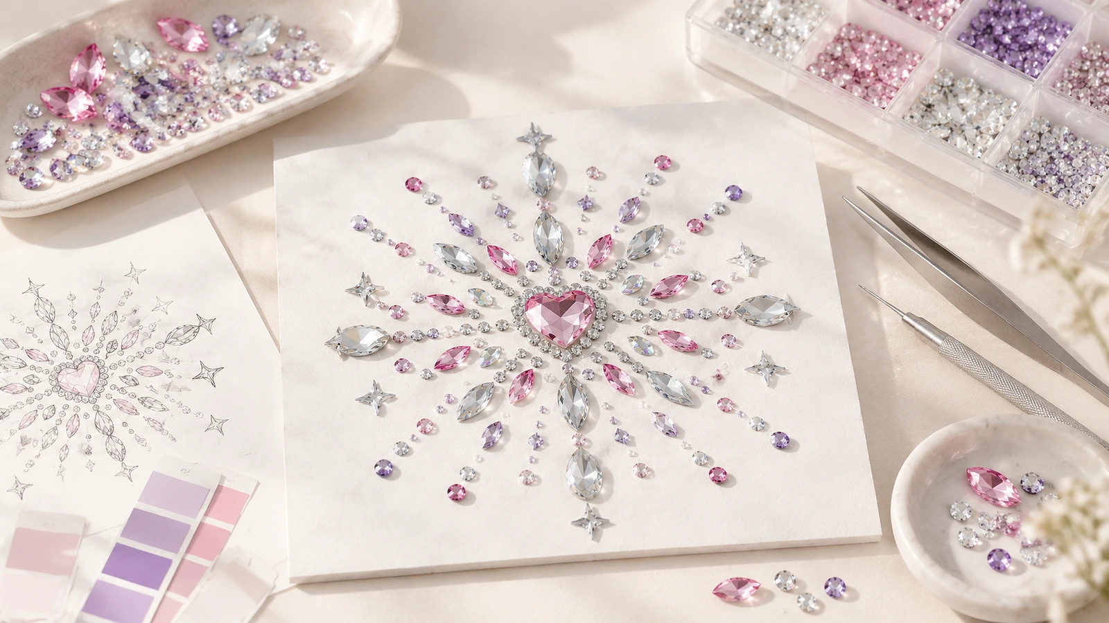Họa tiết rhinestone màu hồng, tím và trong suốt có tâm hình trái tim trên tờ giấy trắng, cạnh bản phác thiết kế, bảng màu và dụng cụ