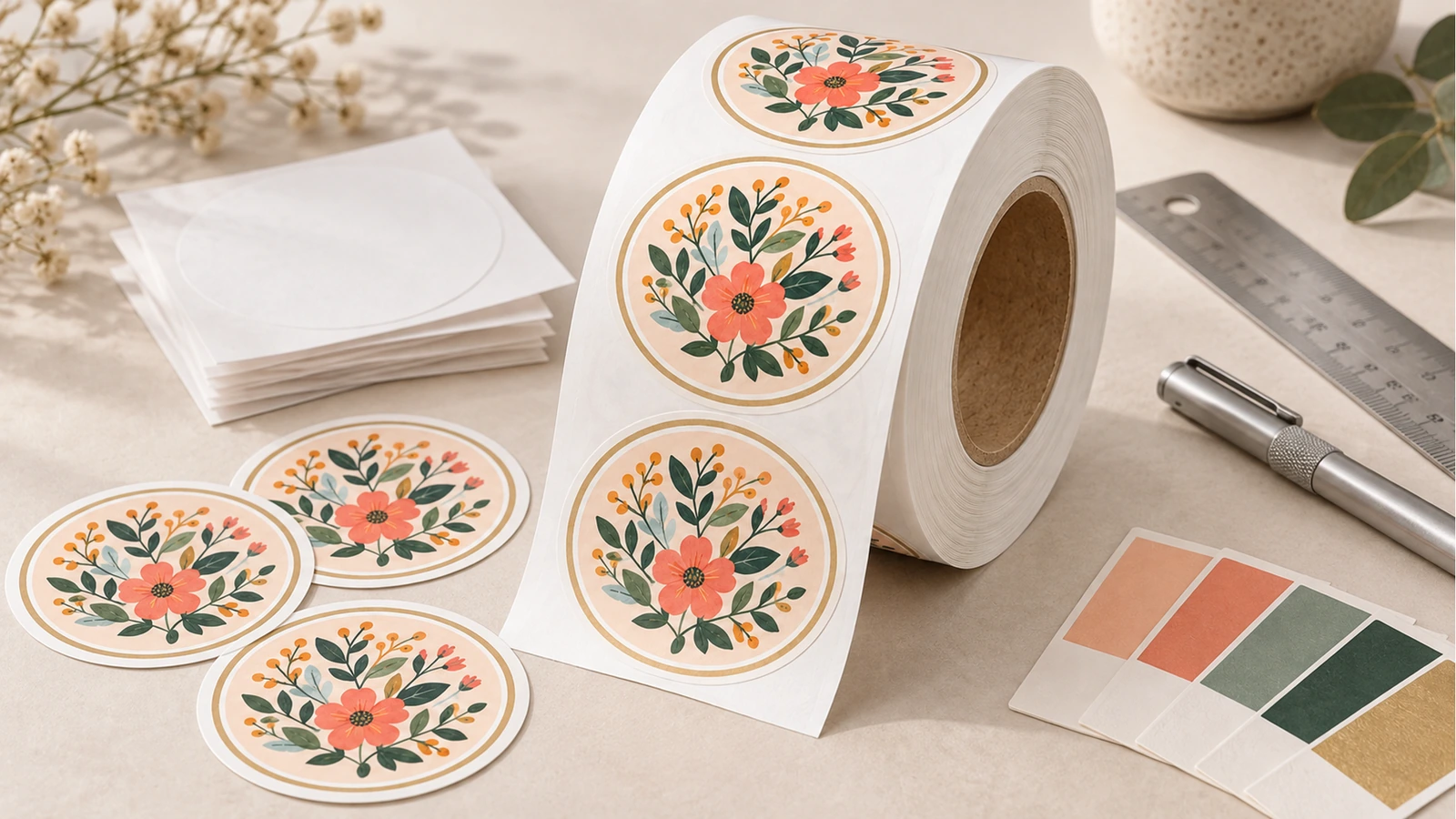 Nhãn tròn họa tiết hoa trên cuộn, đặt cạnh các mẫu nhãn rời, tờ giấy trắng, thước kẻ, bút và bảng mẫu màu